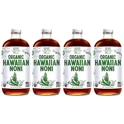 Healing Noni - 100% Pure Noni Juice - USDA Organic, Full Strength, Wellness Drink, Hawaiian-Grown Superfood - (32oz, 4 Pack)