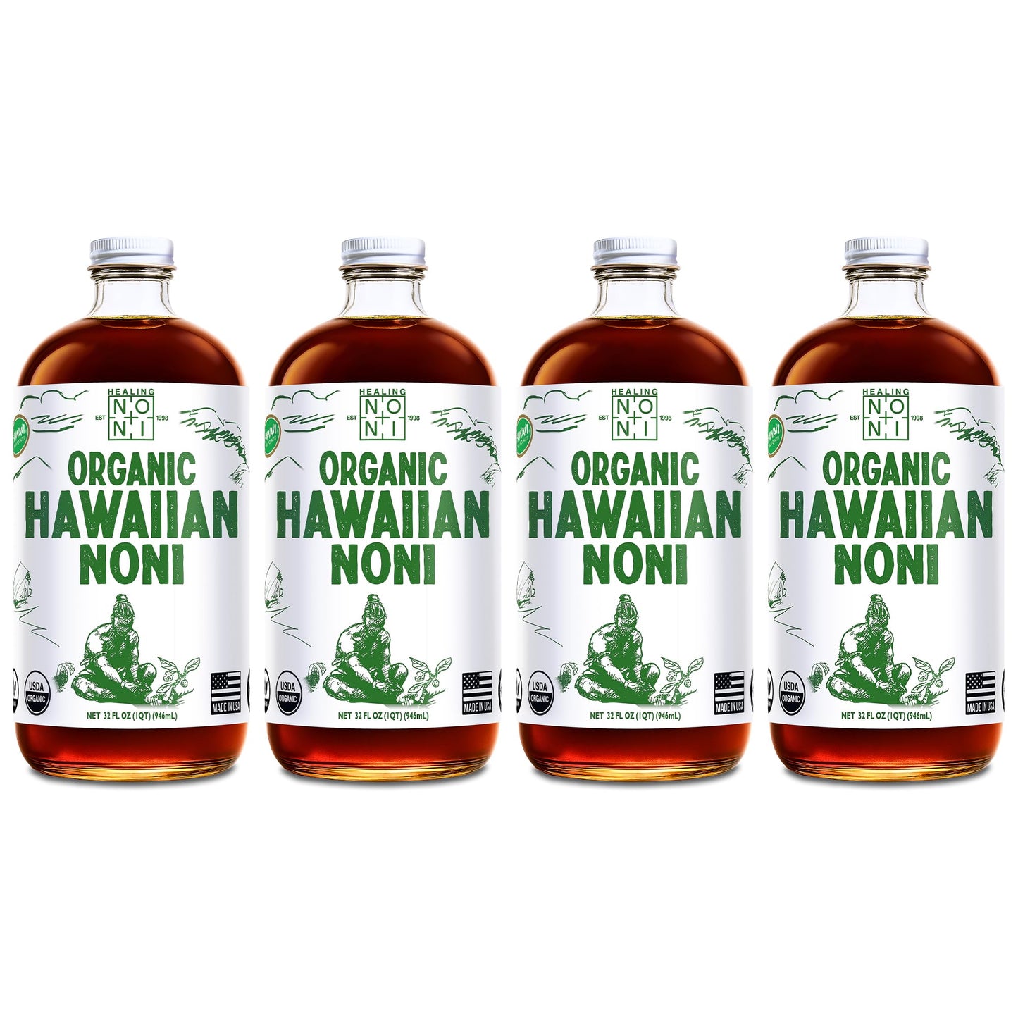 Healing Noni - 100% Pure Noni Juice - USDA Organic, Full Strength, Wellness Drink, Hawaiian-Grown Superfood - (32oz, 4 Pack)