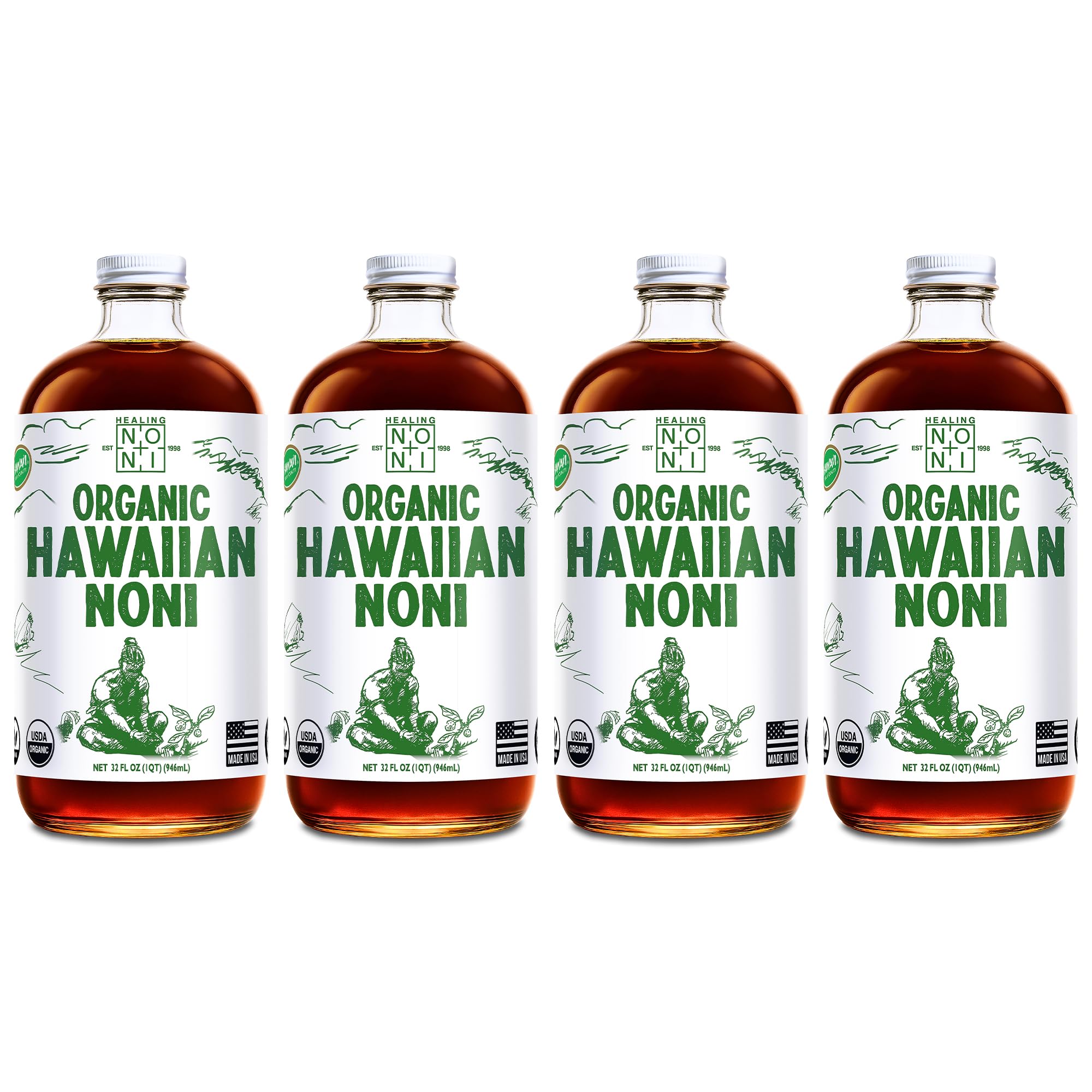 Healing Noni - 100% Pure Noni Juice - USDA Organic, Full Strength, Wellness Drink, Hawaiian-Grown Superfood - (32oz, 4 Pack)