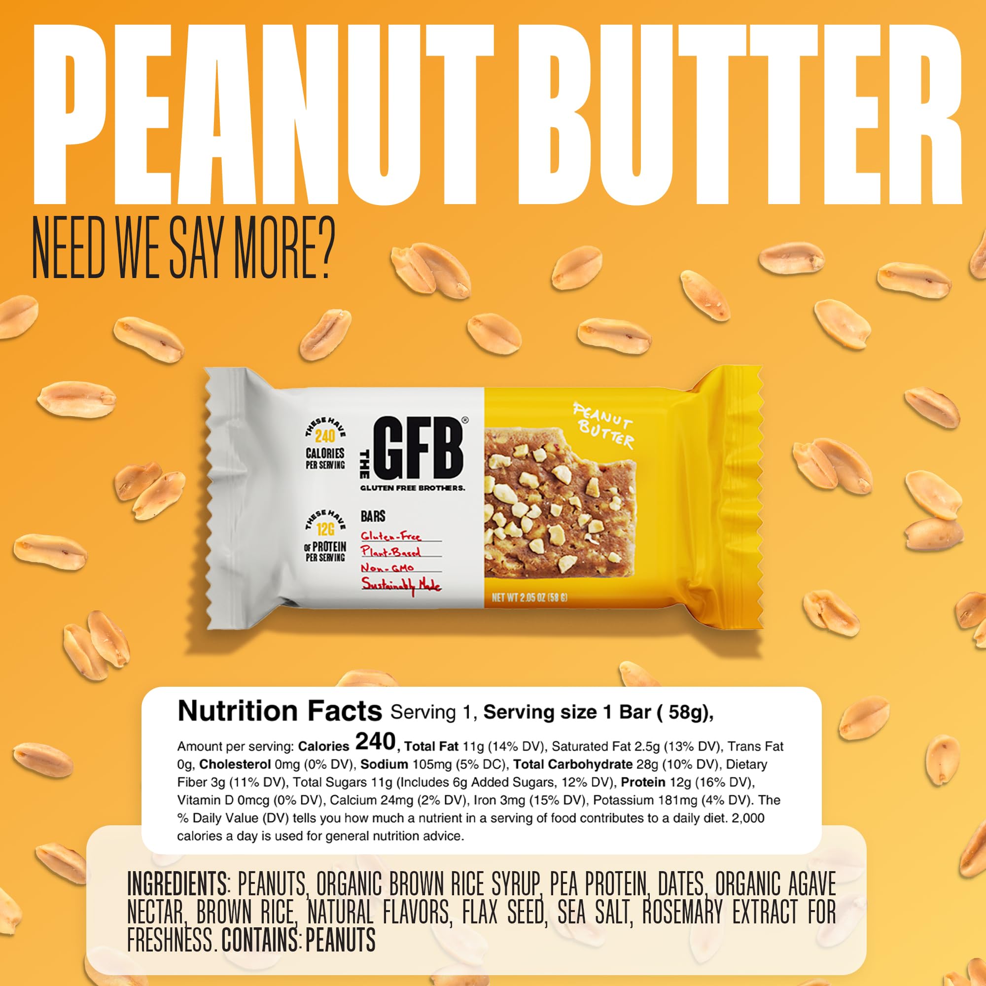 The GFB Peanut Butter Protein Bars - Gluten Free, Plant Based, Non GMO, Sustainably Made - Ridiculously Tasty, Healthy, Vegan, Nutrition Snack Protein