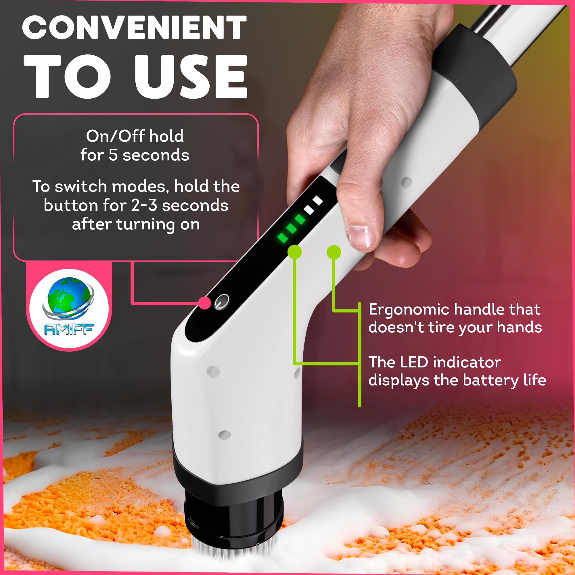 Amiff 7-in-1 Electric Bathroom Scrubbing Brush, 2500 mAh. Telescopic Bathtub Scrubber with Long Handle. Powerful Electric Bathtub Scrubber. Portable