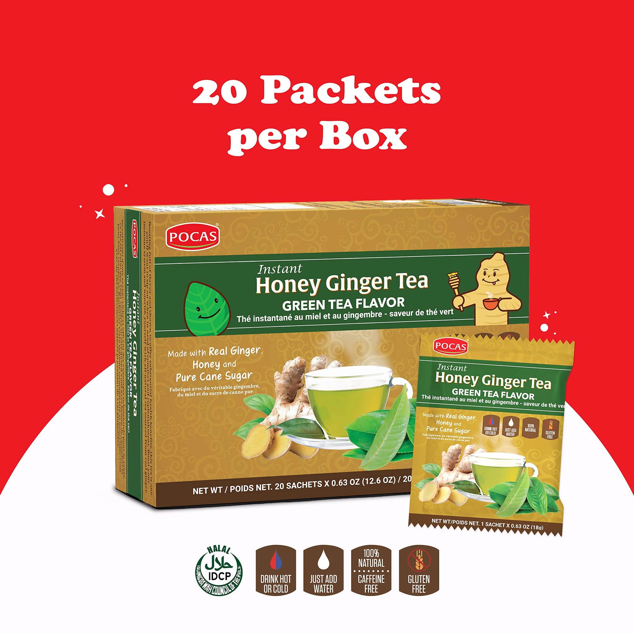 Pocas Honey Ginger Instant Tea Powder, Green Tea Flavor, Ginger Extract & Real Sweetener, 20 Packets per Box
