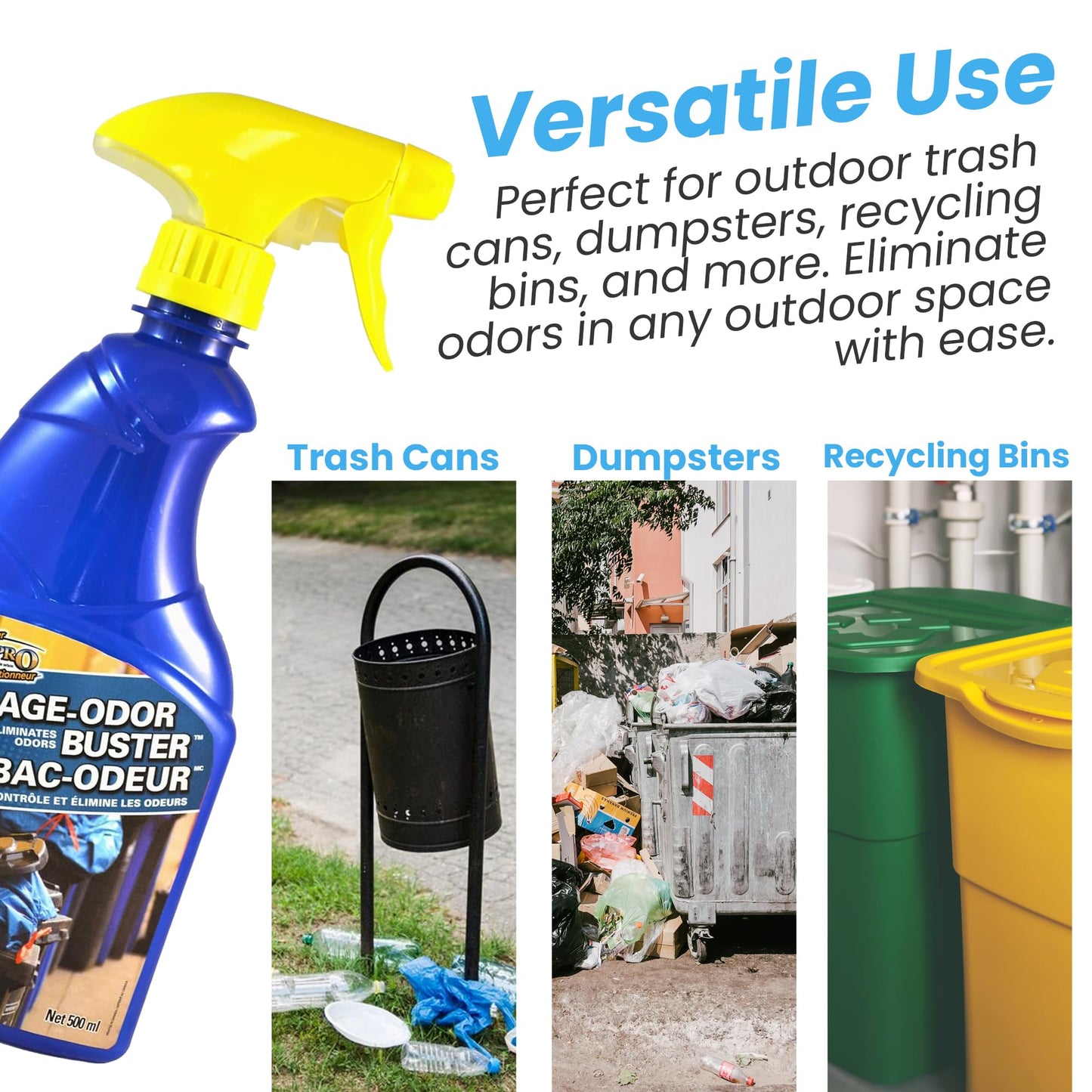 Trash Can Odor Eliminator Spray, weather-resistant formula, 500ml, controls and eliminates garbage bin odors indoors and outdoors, by Surf-Pro