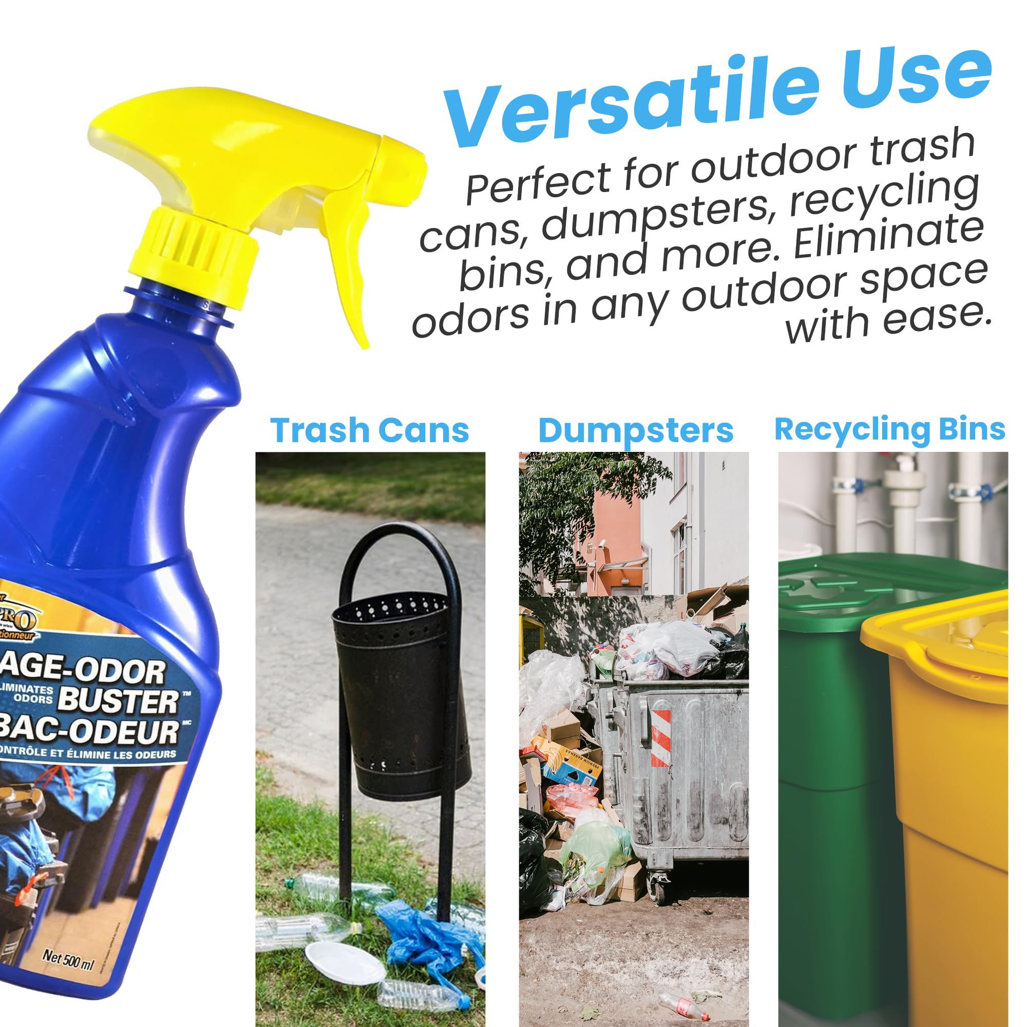 Trash Can Odor Eliminator Spray, weather-resistant formula, 500ml, controls and eliminates garbage bin odors indoors and outdoors, by Surf-Pro