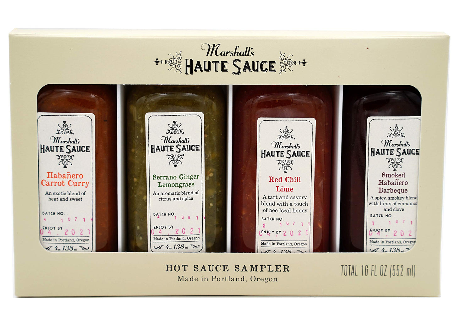 Marshall's Haute Sauce - Hot Sauce Sampler, 16 fl oz, Variety Pack of 4 flavors w/ Red Chilli Lime, Smoked Habanero BBQ, Habanero Carrot Curry,