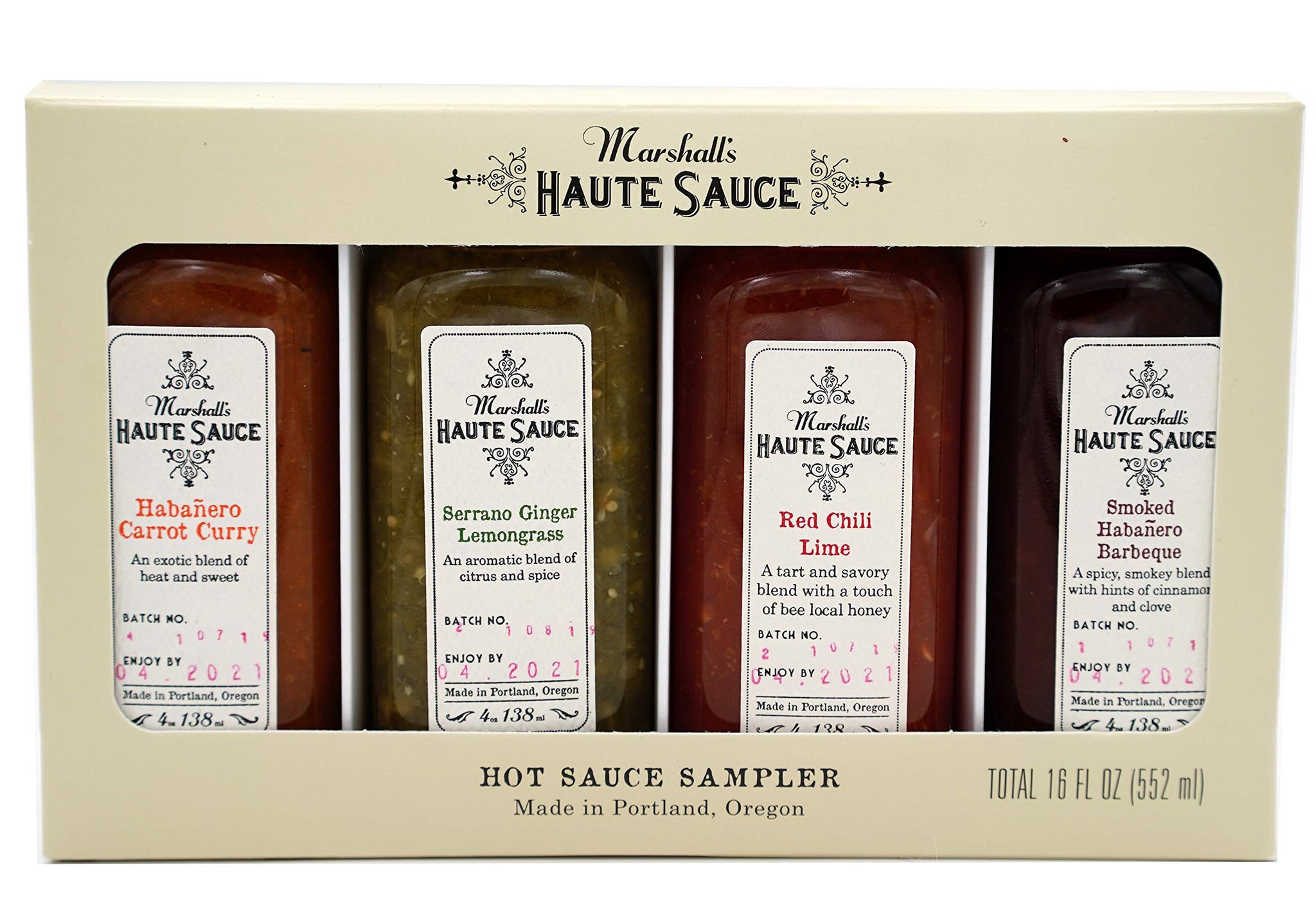 Marshall's Haute Sauce - Hot Sauce Sampler, 16 fl oz, Variety Pack of 4 flavors w/ Red Chilli Lime, Smoked Habanero BBQ, Habanero Carrot Curry,