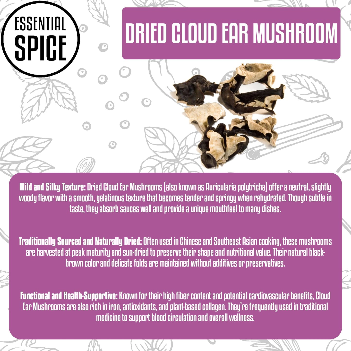 Essential Spice Dried Cloud Ear Mushrooms, - Delicate Texture & Mild Flavor, Whole Black Fungus - Ideal for Stir-Fries, Soups, Noodles & Salads - Easy