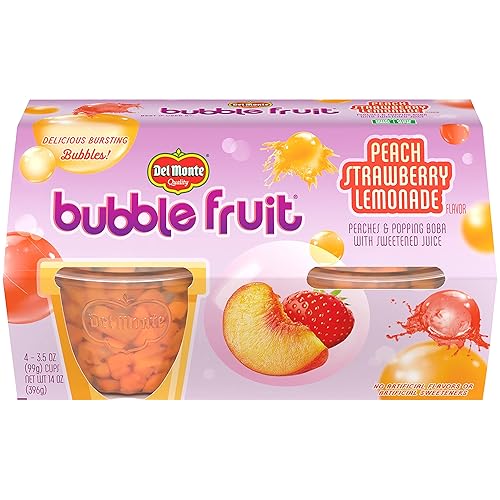 Del Monte Bubble Fruit Peach Strawberry Lemonade Peaches & Popping Boba with Sweetened Juice-3.5 Oz, (Pack of 1, 4 Count)