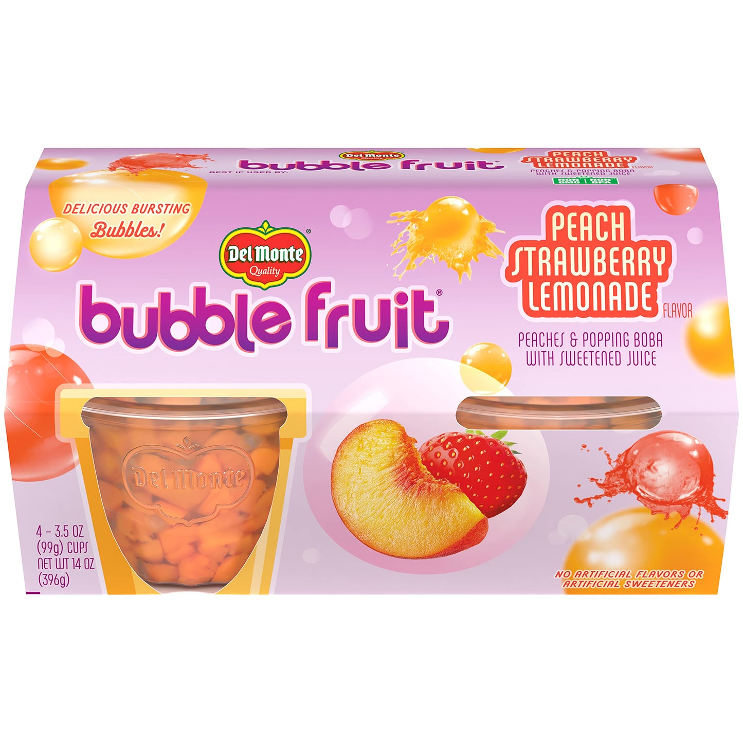 Del Monte Bubble Fruit Peach Strawberry Lemonade Peaches & Popping Boba with Sweetened Juice-3.5 Oz, (Pack of 1, 4 Count)