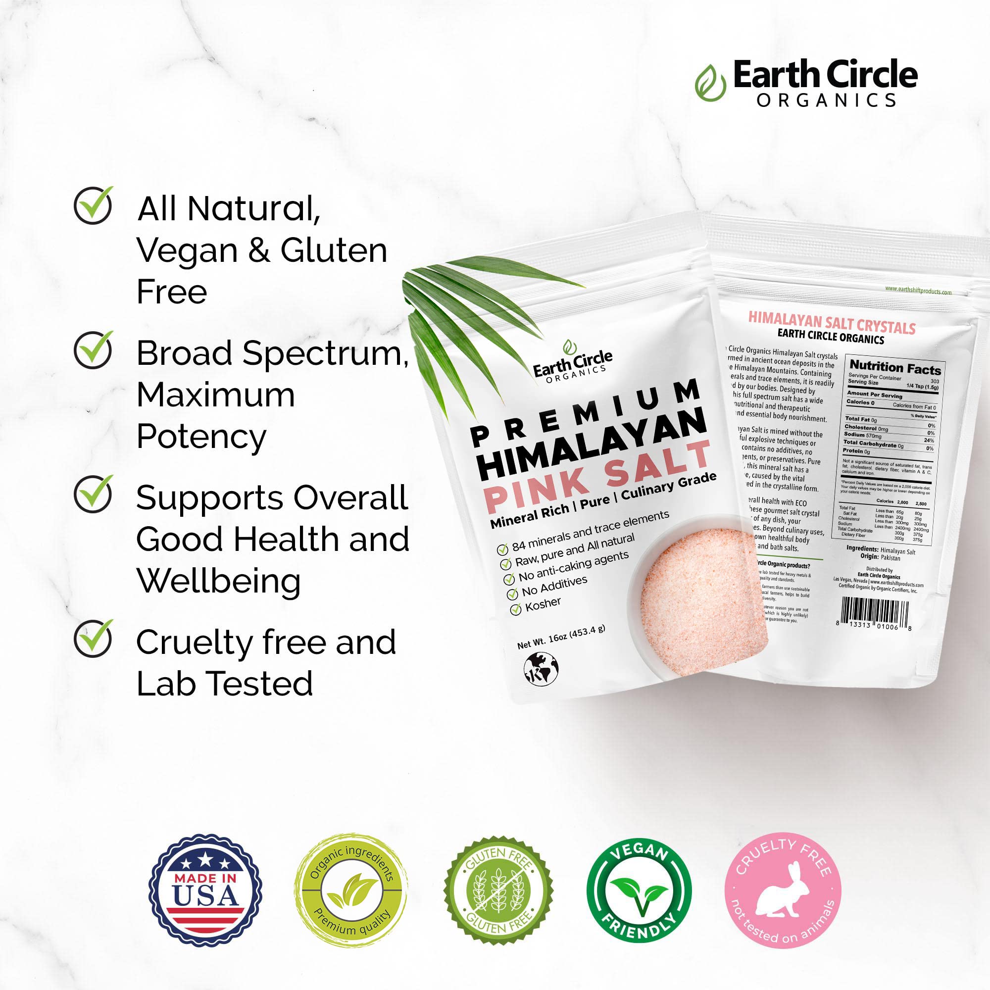 Earth Circle Premium Himalayan Unrefined Pink Fine Grain Salt, Pure Culinary Grade - Kosher, Nutrient and Mineral Dense, 1 Pound (Pack of 6)