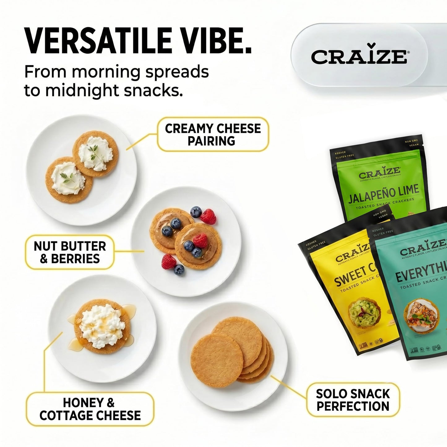 Craize Savory Mix | Sweet Corn x2, Everything, Jalepeno Lime | Gluten Free, Vegan, Kosher, Toasted Corn Crackers | 4 pack, 4 oz each