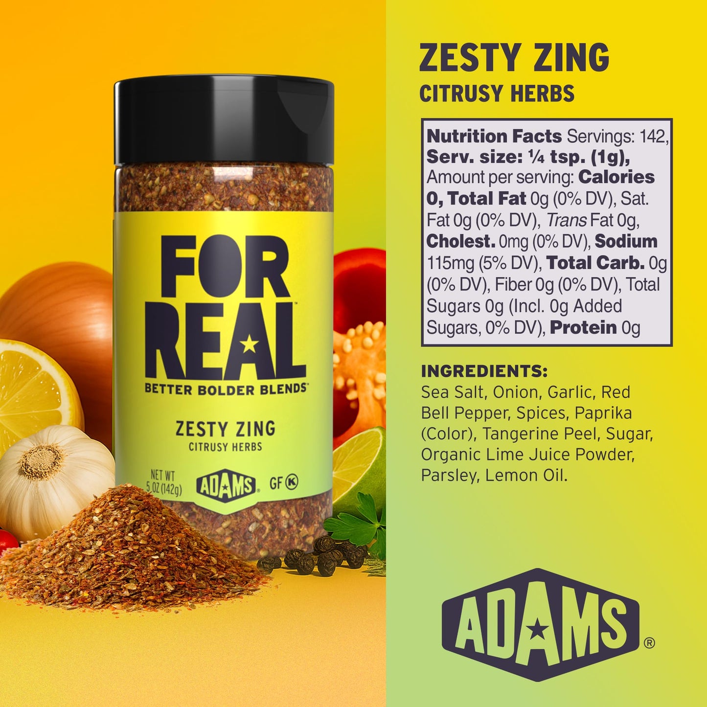 FOR REAL Zesty Zing Seasoning - Citrusy Herb Blend with Lemon, Lime & Tangerine Peel - Gluten Free, Kosher, No Seed Oils or MSG - Bright Flavor
