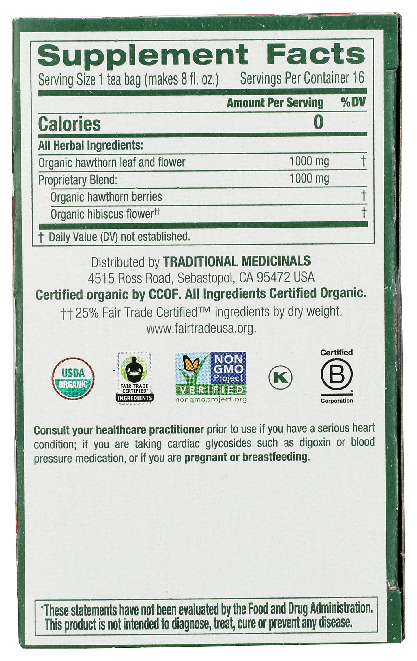 Traditional Medicinals Organic Hawthorn & Hibiscus Herbal Tea, Promotes Heart Health, (Pack of 1) - 16 Tea Bags