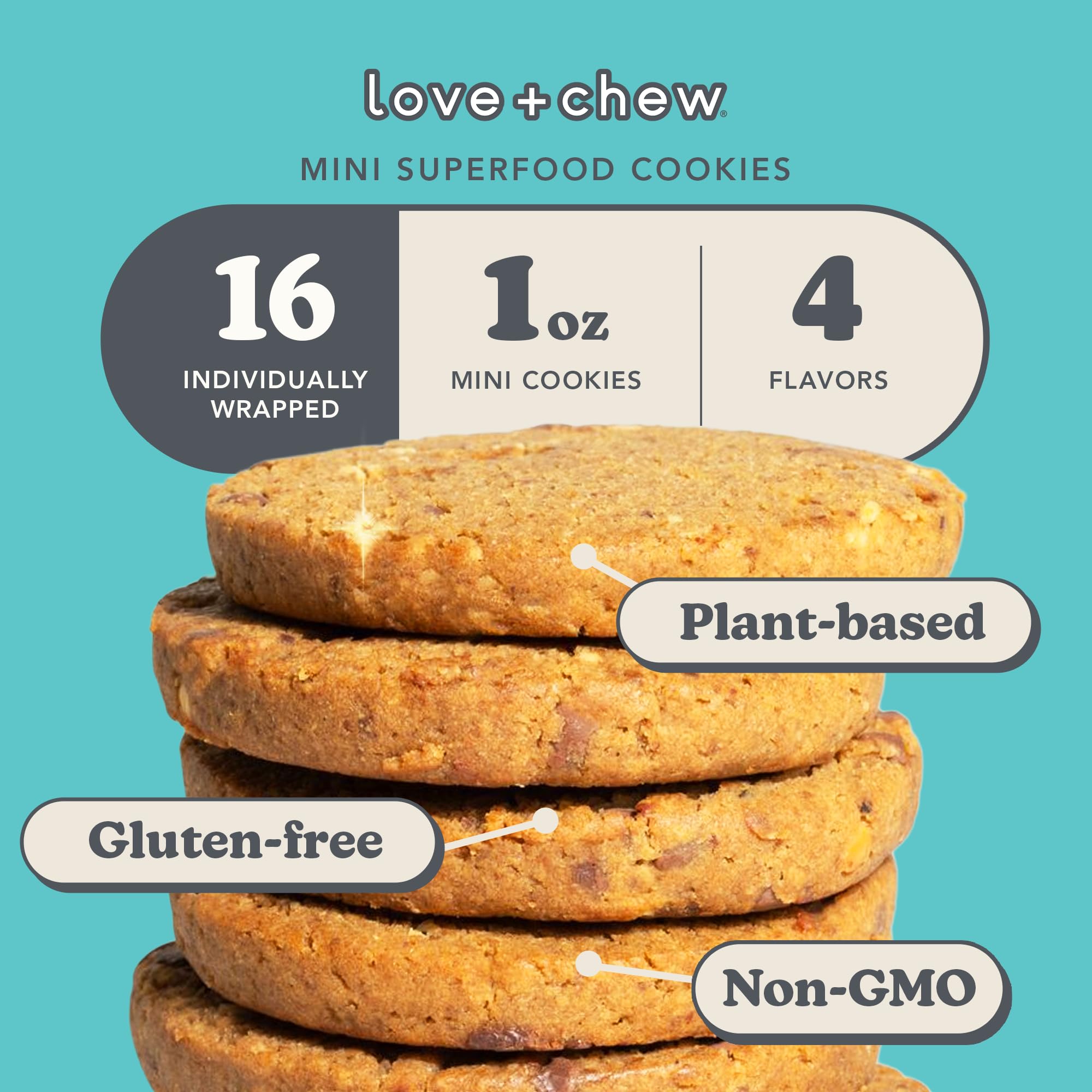 Love + Chew Mini Vegan Cookies, Gluten Free, 3-4g Plant Based Protein Per Cookie, Healthy Snacks for Adults and Kids, Individually Wrapped Cookies