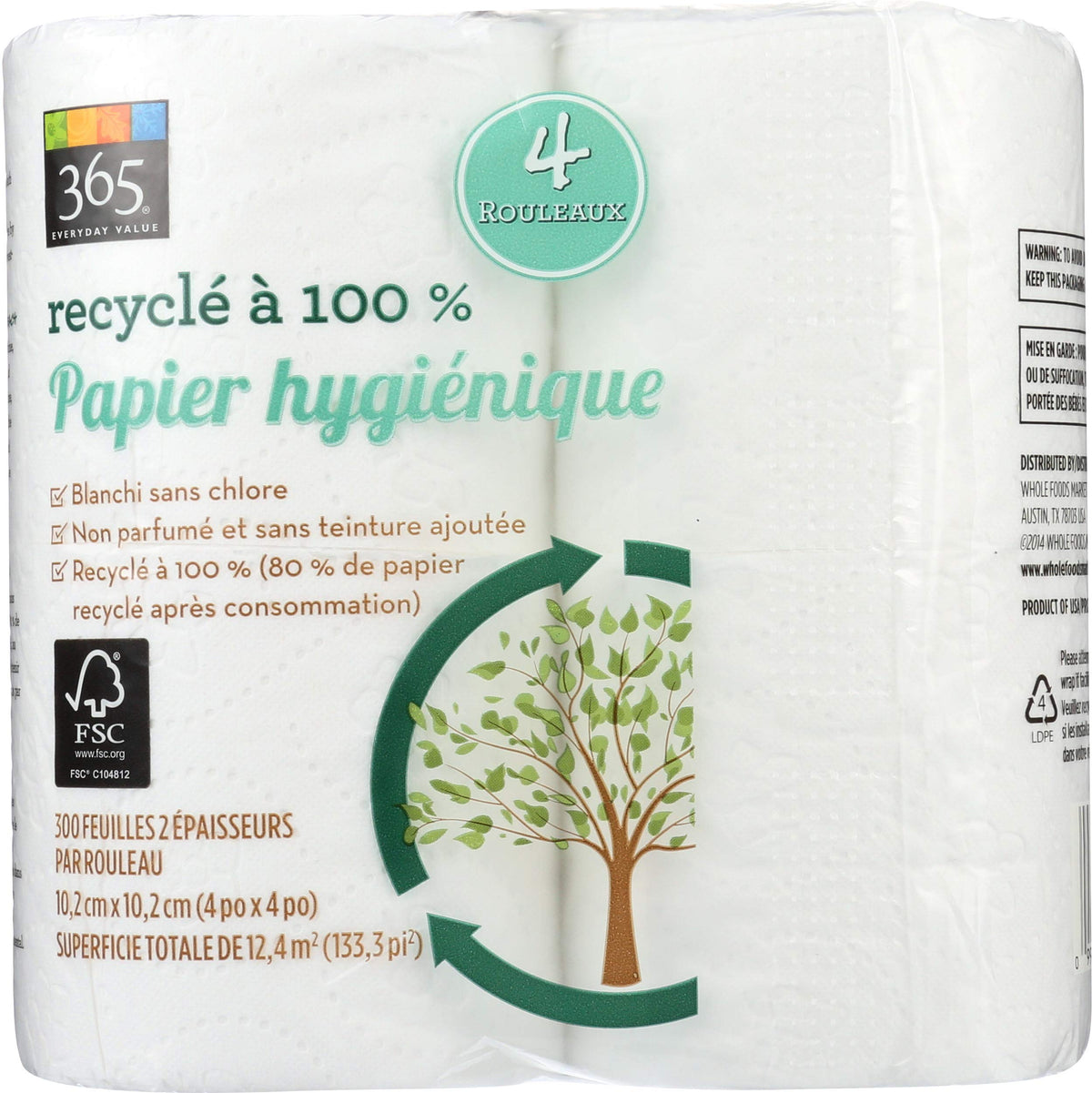 365 Everyday Value, 100% Recycled Bath Tissue, 4 ct