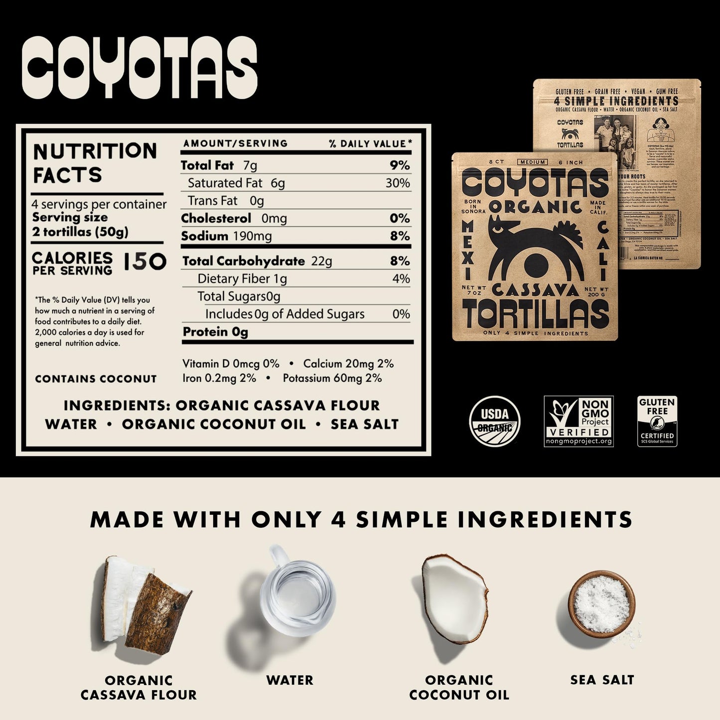 Coyotas - Organic Cassava Tortillas - Grain-Free, Gluten-Free, Non-GMO, Vegan, Paleo, Medium 6 Inch - 8 Tortillas Per Pack (3 Packs)