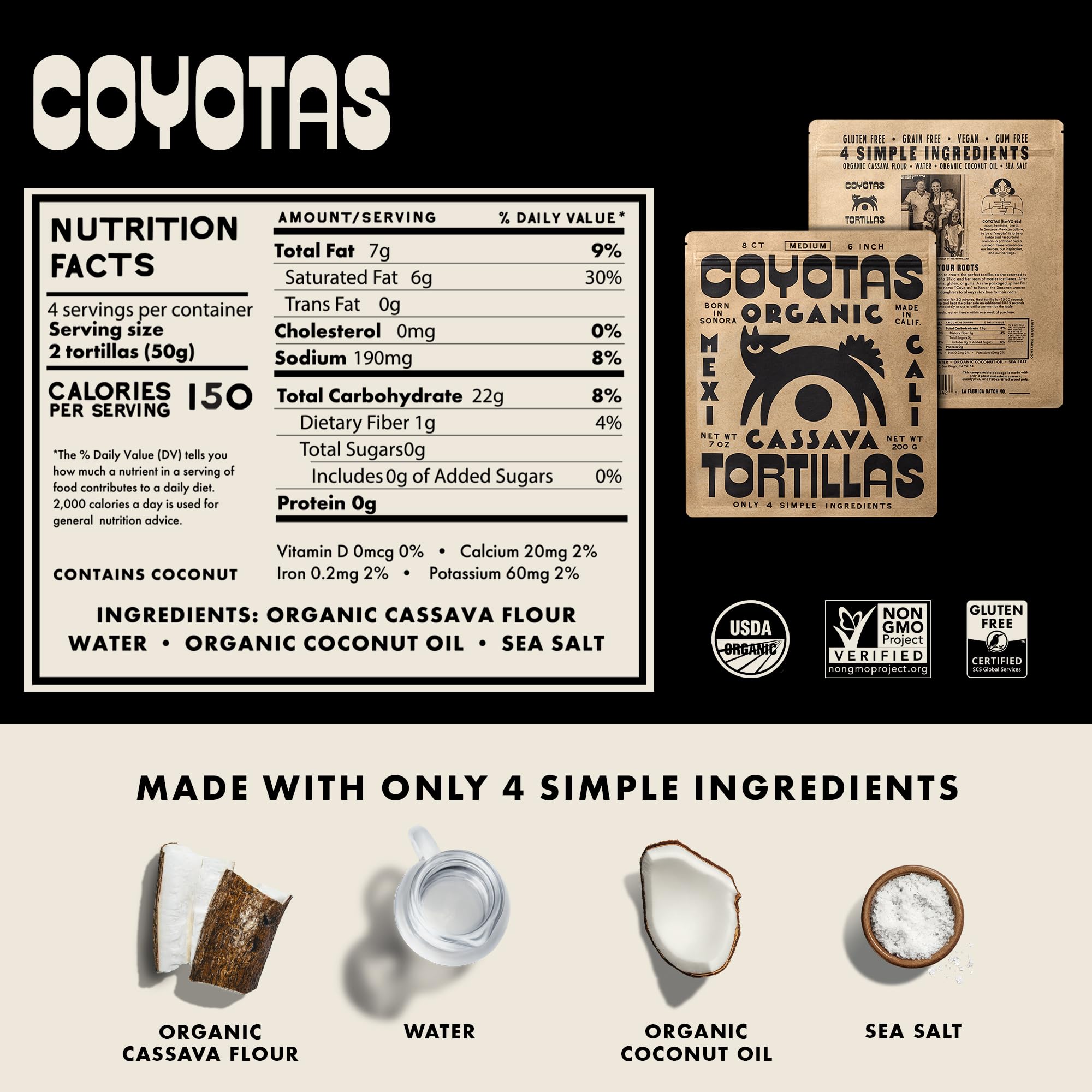 Coyotas - Organic Cassava Tortillas - Grain-Free, Gluten-Free, Non-GMO, Vegan, Paleo, Medium 6 Inch - 8 Tortillas Per Pack (3 Packs)