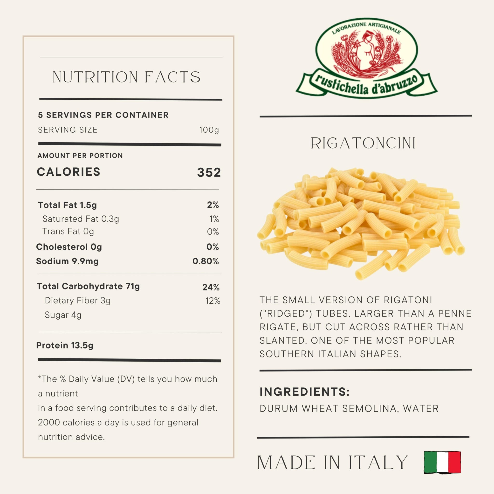Rustichella d'Abruzzo Rigatoncini - 500g Classic Ridged Italian Pasta Tubes - Ideal for Spicy Tomato Sauces & Roman Gricia - Authentic Durum Wheat