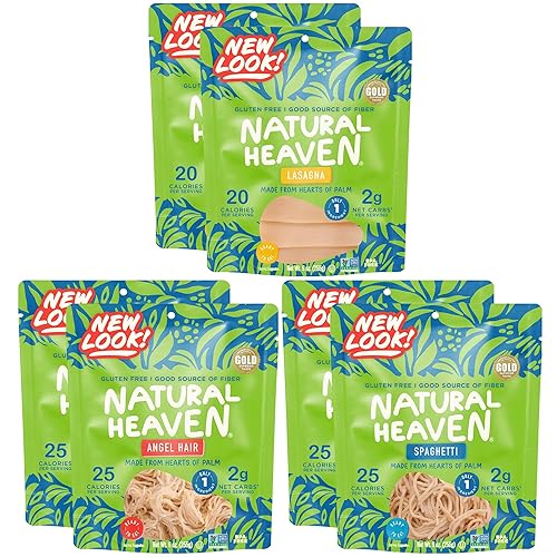 Natural Heaven Hearts of Palm Pasta Variety 6-Pack - Spaghetti Noodles, Angel Hair, Lasagna, Low-Calorie, Keto & Gluten-Free Food, Vegan, 9 Oz Ea