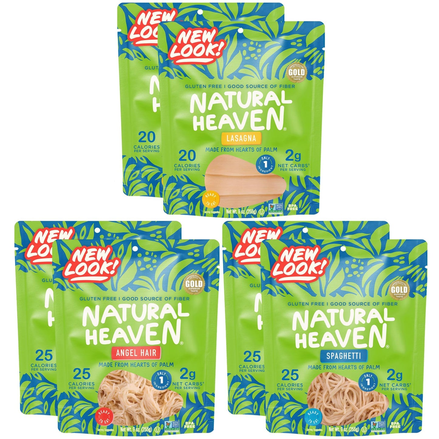 Natural Heaven Hearts of Palm Pasta Variety 6-Pack - Spaghetti Noodles, Angel Hair, Lasagna, Low-Calorie, Keto & Gluten-Free Food, Vegan, 9 Oz Ea