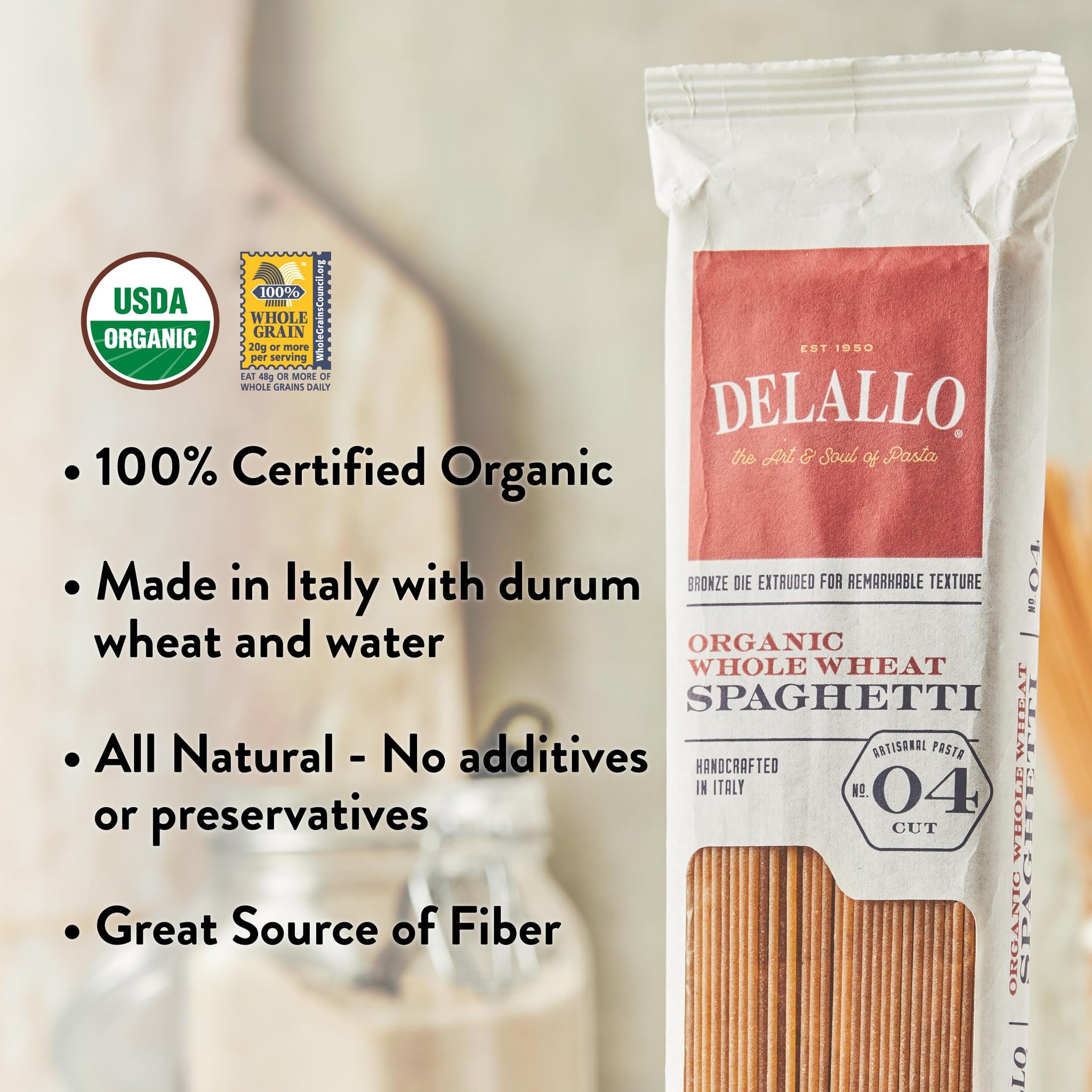 DeLallo Whole Wheat Spaghetti, 1 Pound Bag, 8 Pack, 100% Organic Noodles, Pasta from Italy, Whole Grain, Cooks Al Dente