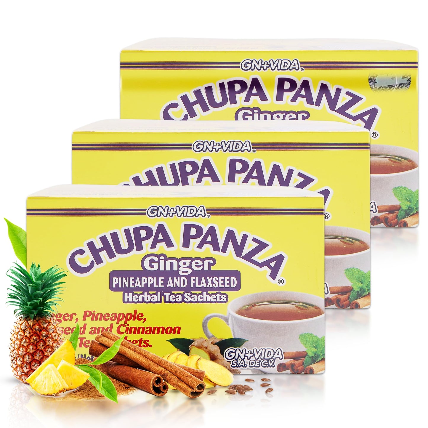 GN+Vida Tea CHUPA Panza, Tea Based ONGINGER Root, PINNEAPPLE, Flaxseed & Cinnamon (30 Tea Bags/0.10 oz Each)(Pack of 3)