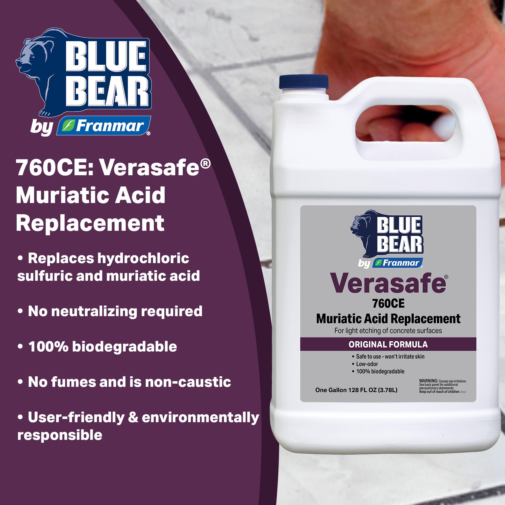 Blue Bear 760CE Verasafe Muriatic Acid Replacement Safer, Fume-Free, Non-Caustic Cleaner & Concrete Etcher Biodegradable Formula for Concrete, Metal
