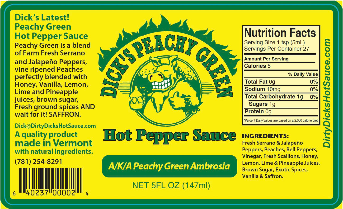 Dirty Dicks Peachy Green Hot Sauce, 5 Fl Oz - A Flavorful Blend of Peppers, Peaches, and Exotic Spices (Pack of 1)