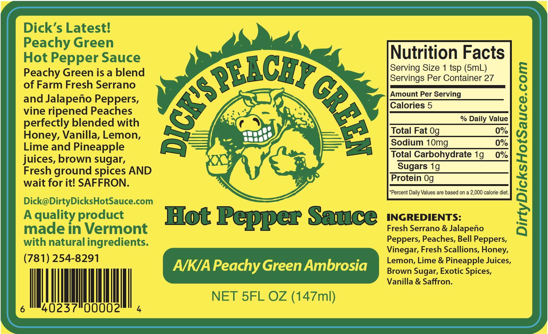 Dirty Dicks Peachy Green Hot Sauce, 5 Fl Oz - A Flavorful Blend of Peppers, Peaches, and Exotic Spices (Pack of 1)