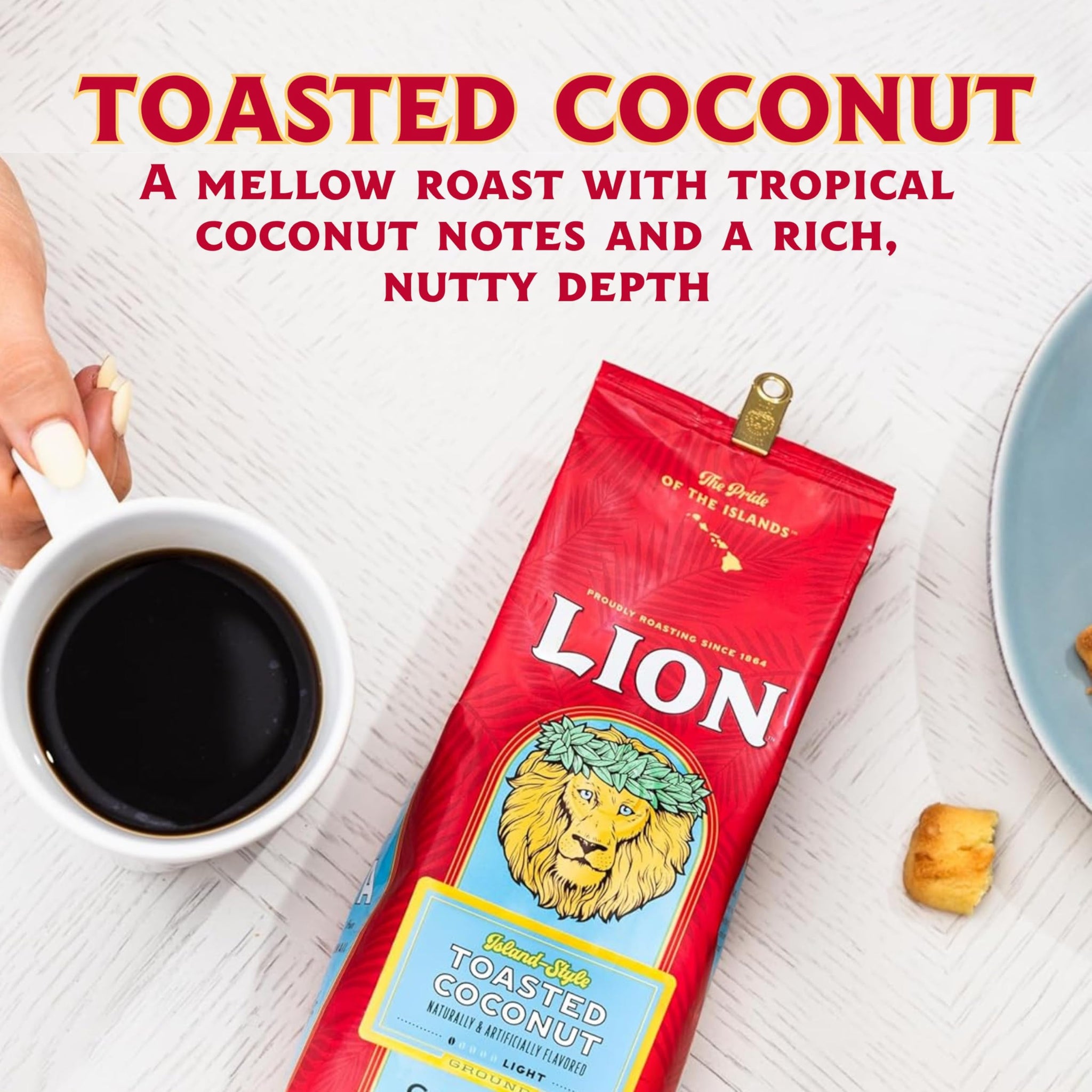 Lion Coffee Toasted Coconut Flavored, Light Roast Whole Bean Coffee, A Taste of Aloha - 10 Ounce Bag