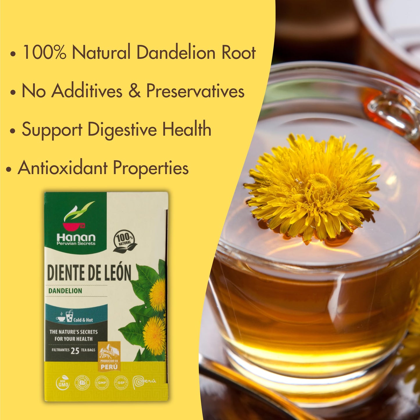 Hanan Dandelion Root Tea 25 Herbal Teabags - Support Kidney Function, Liver Cleanse Detox & Repair, Digestion Tea - Diente de Leon Dandelion Leaves