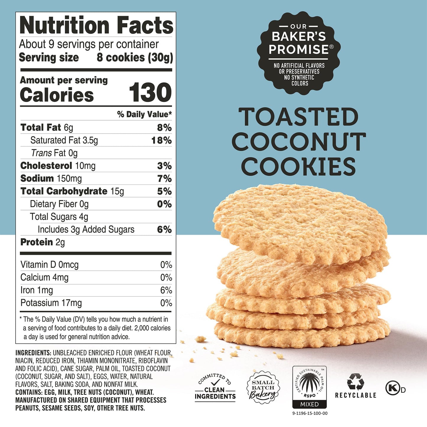 Dewey's Bakery Toasted Coconut Moravian Cookie Thins, Bakery Fresh with Real Simple Ingredients, Low Calorie Snack, No Artificial Flavors, Synthetic