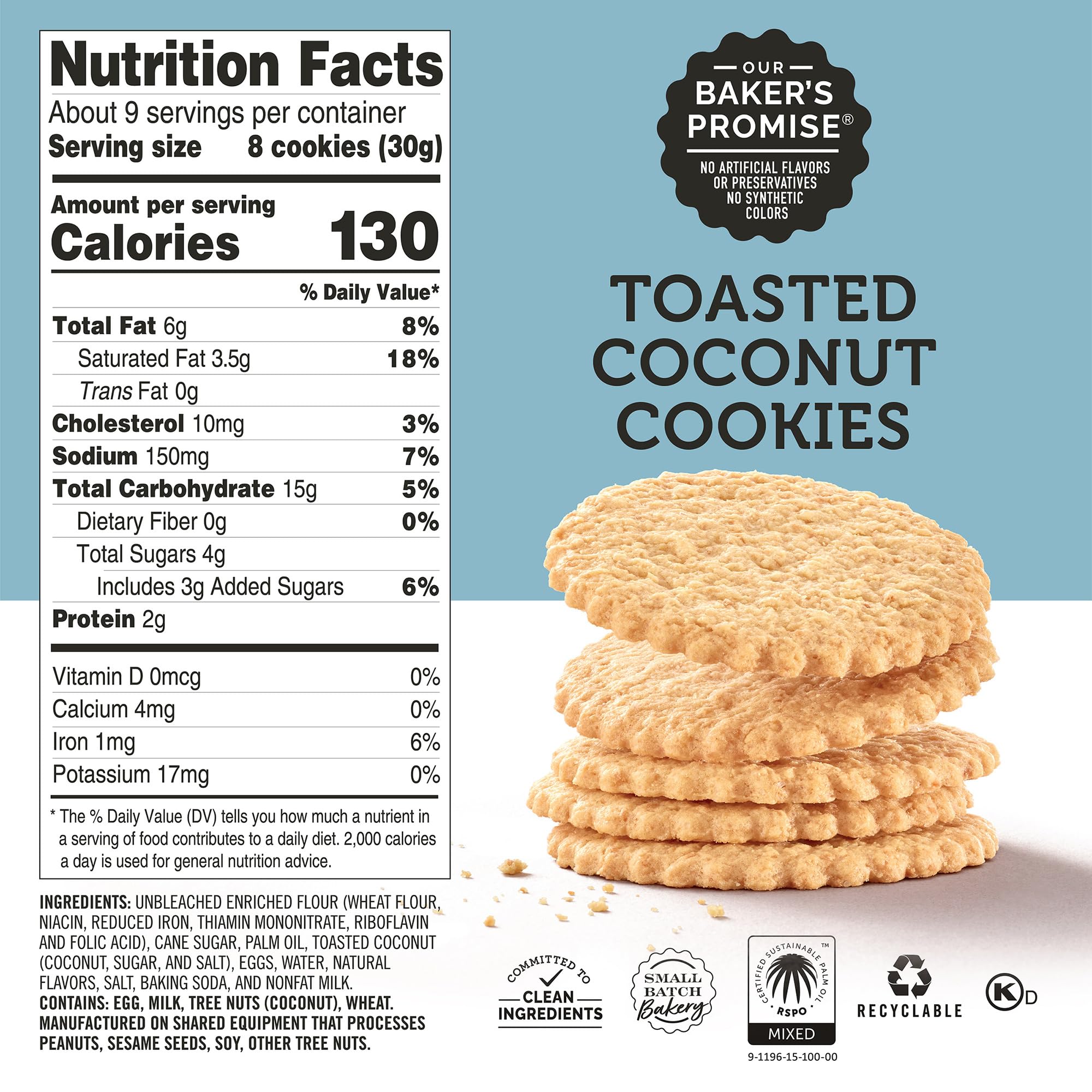 Dewey's Bakery Toasted Coconut Moravian Cookie Thins, Bakery Fresh with Real Simple Ingredients, Low Calorie Snack, No Artificial Flavors, Synthetic