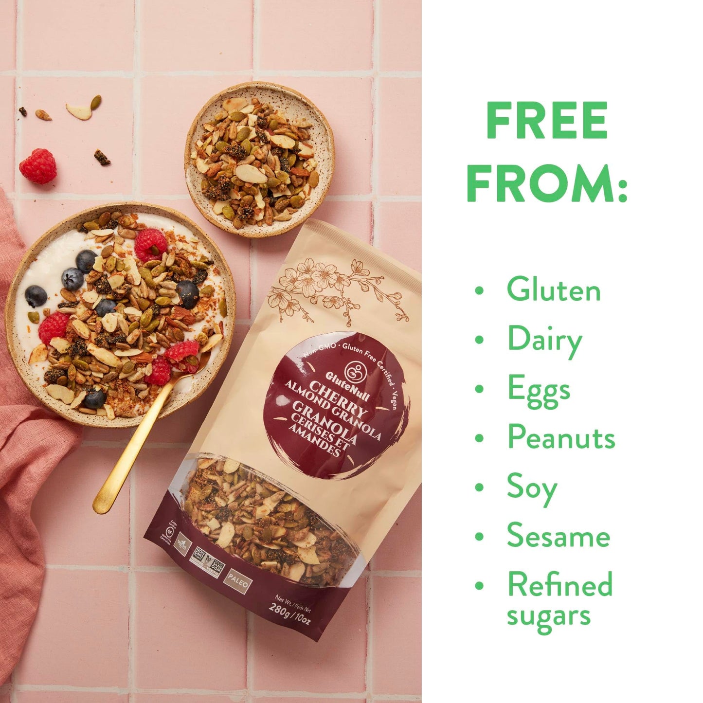 GluteNull Cherry Almond Granola, Keto Friendly, Gluten Free, Plant Based, No Sugar Added, 10oz