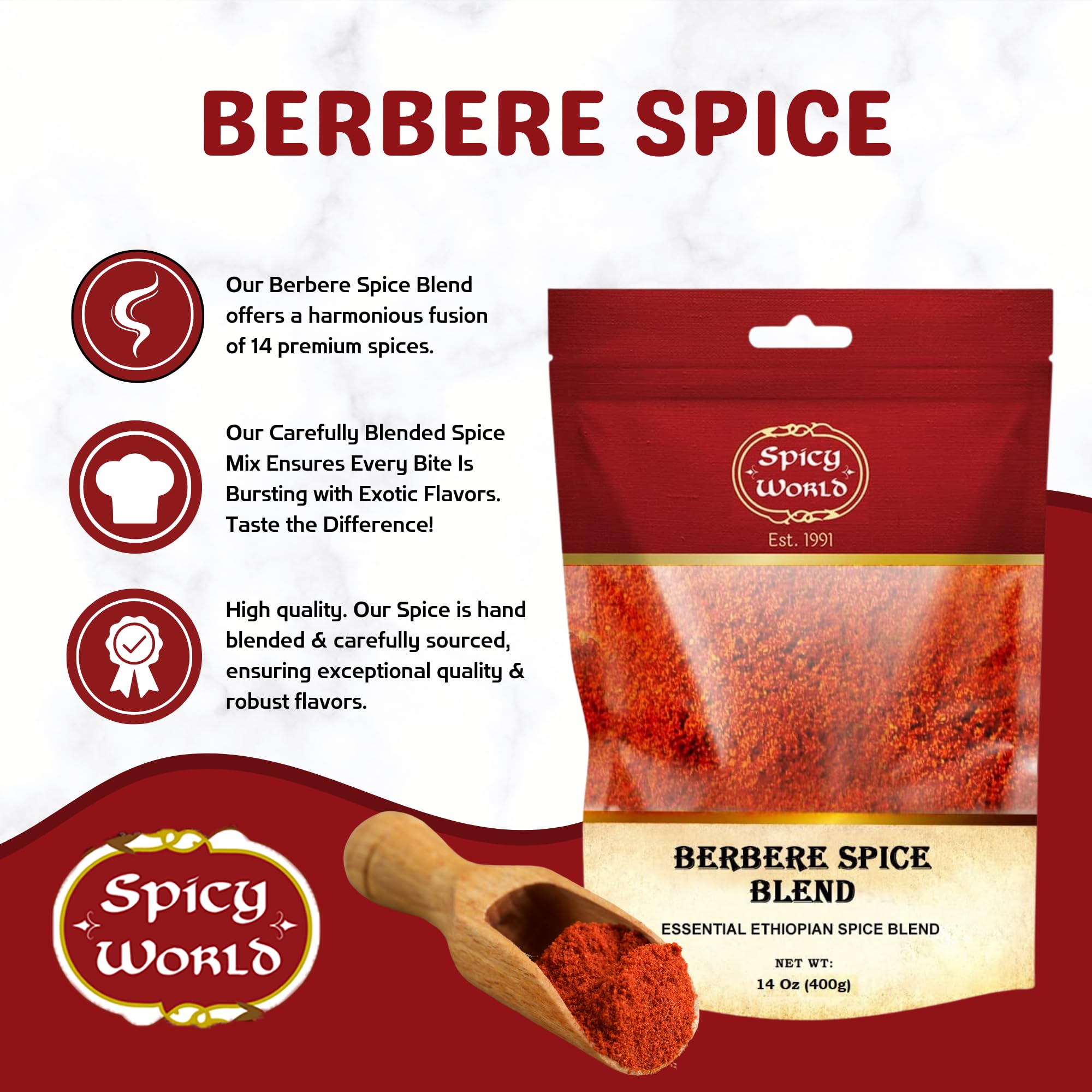 Spicy World Berbere Spice Blend 3.5oz | Authentic Ethiopian Seasoning Hand-Blended | Rich 14-Spice Mix for Flavorful Dishes