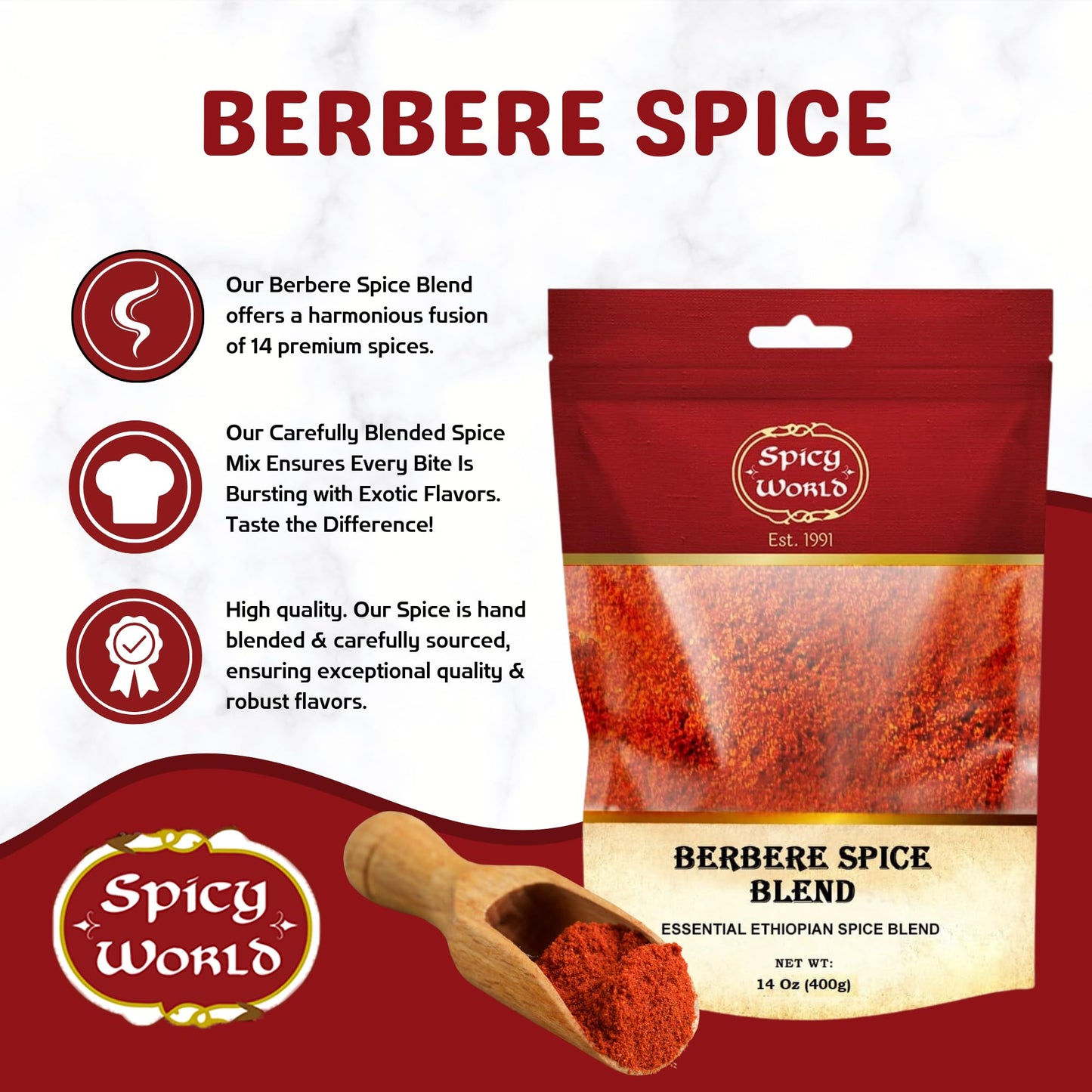 Spicy World Berbere Spice Blend | Authentic Ethiopian Seasoning Hand-Blended | Rich 14-Spice Mix for Flavorful Dishes (14 oz)