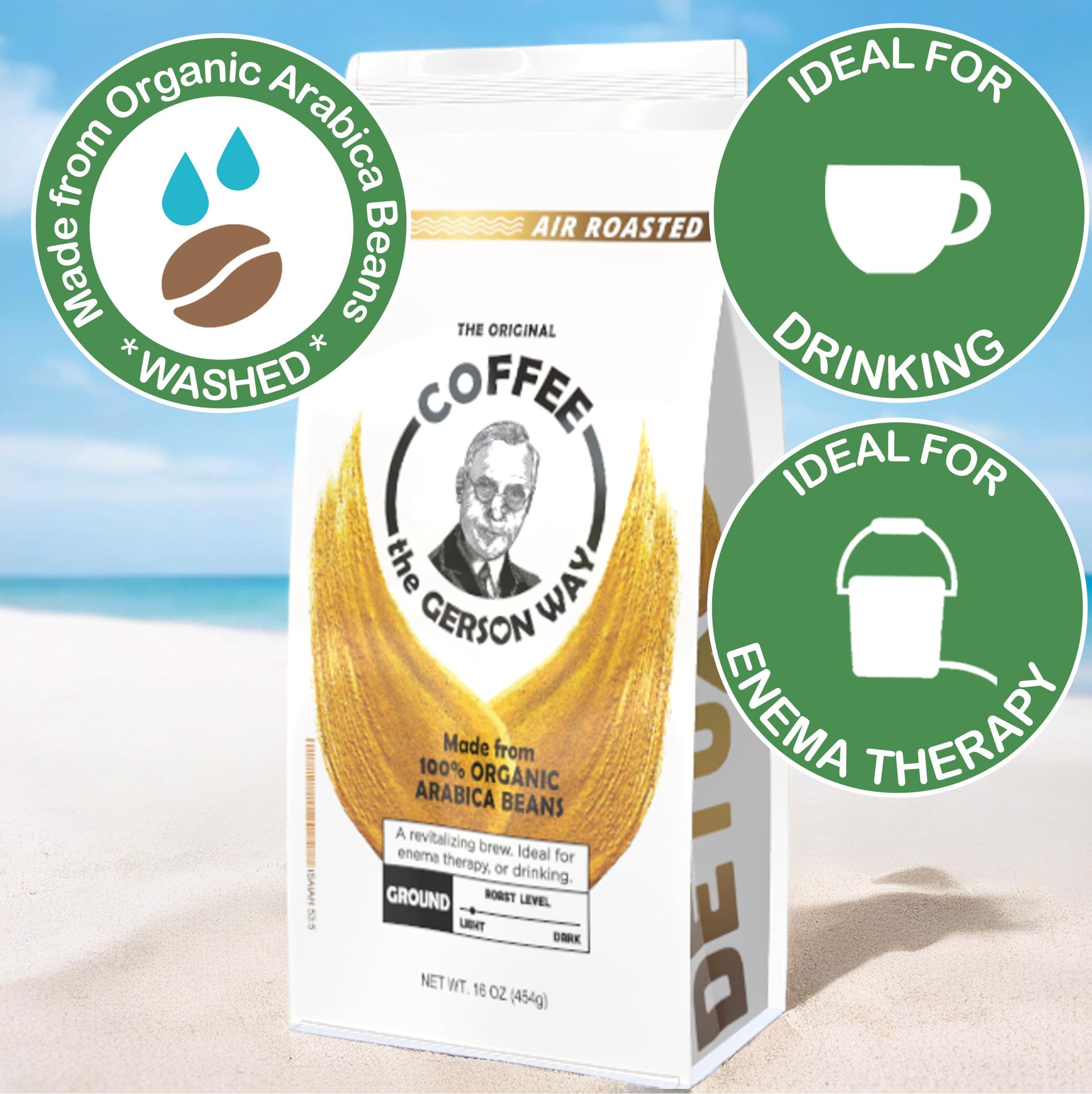 Coffee, The Gerson Way - Ground, Air Roasted, Detox, Enema, Drinkable, (16 oz, LIGHT ROAST)