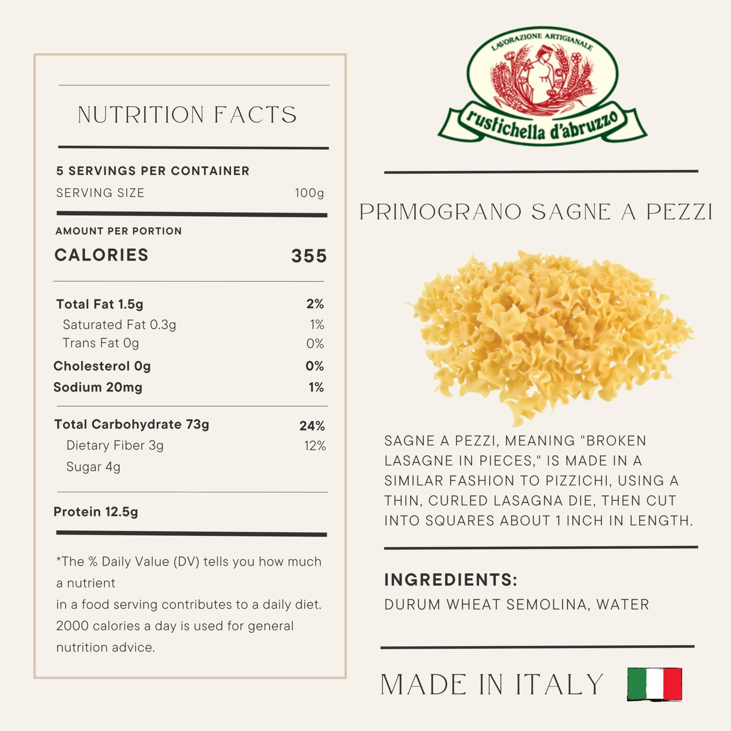Rustichella d'Abruzzo PrimoGrano Sagne a Pezzi, 500 grams - Artisan Heritage Grain Pasta - Authentic Abruzzo Flavor - Supple Texture