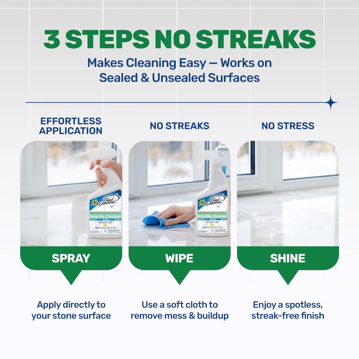 Black Diamond Stoneworks Granite Counter Cleaner: USDA Certified BIOBASED- Safe for Granite and other stone countertops. Safe for food contact formula
