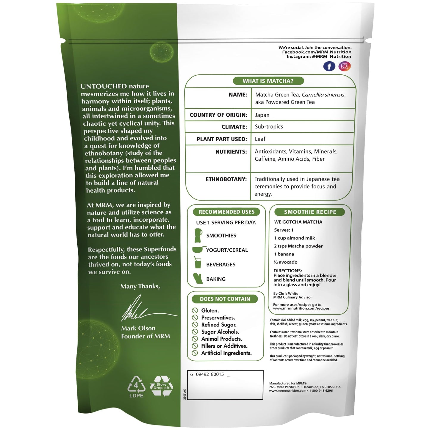 MRM Nutrition Superfoods Matcha Green Tea Powder - Grown In Japan, Superfood Powder for Matcha Lattes, Smoothies & Baking -Vegan, Gluten-Free