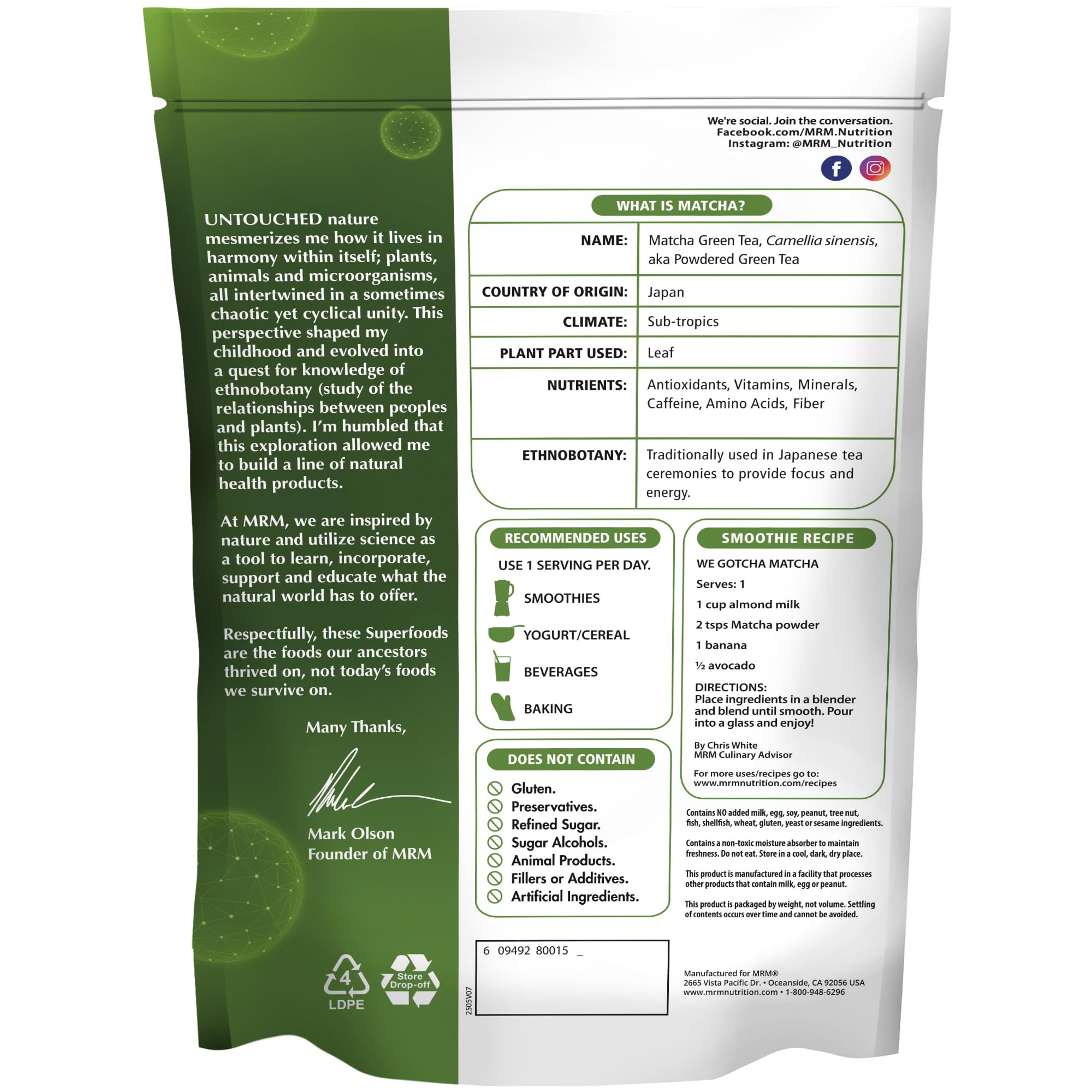 MRM Nutrition Superfoods Matcha Green Tea Powder - Grown In Japan, Superfood Powder for Matcha Lattes, Smoothies & Baking -Vegan, Gluten-Free
