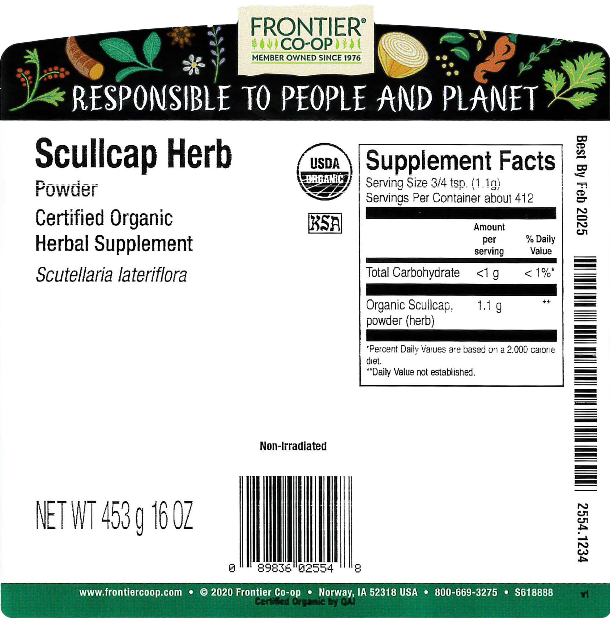 Frontier Co-op Scullcap Herb Powder, Certified Organic, Kosher | 1 lb. Bulk Bag | Scutellaria lateriflora L.