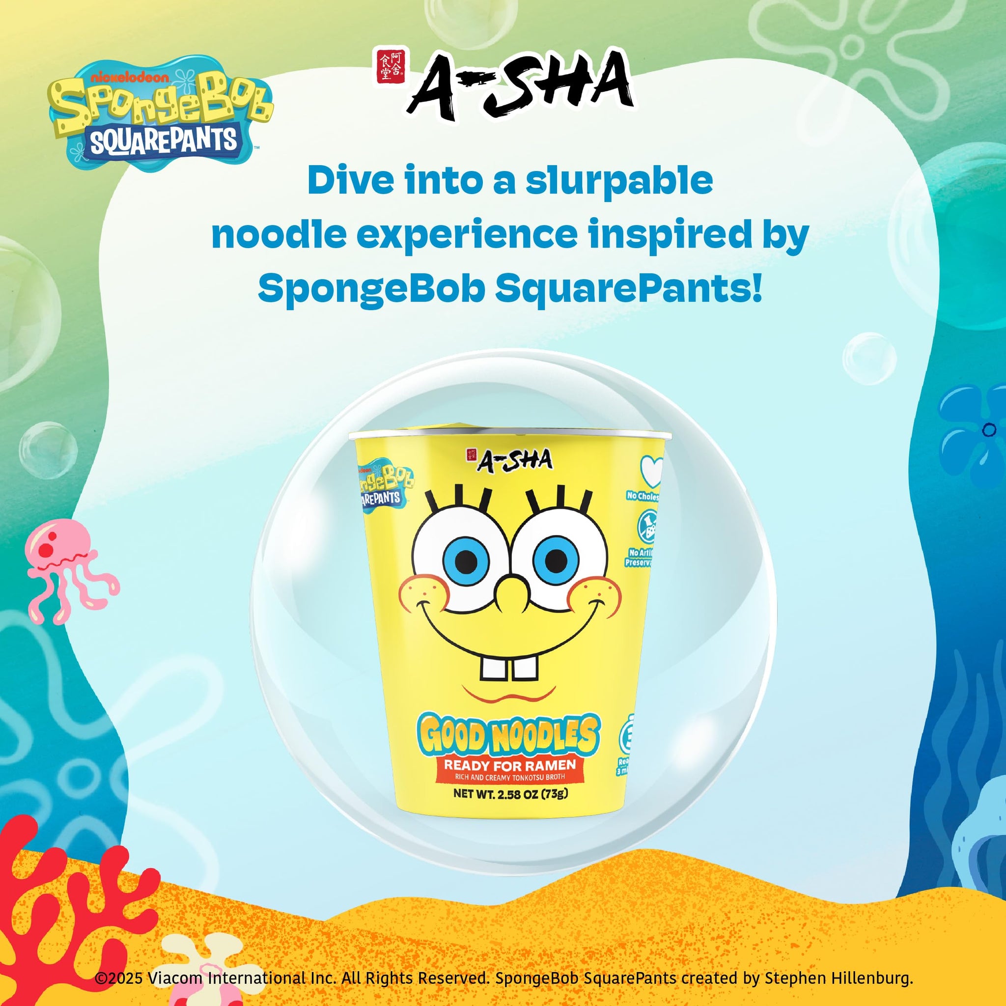 A-Sha & SpongeBob Squarepants Good Noodles (6 Pack) | Ready for Ramen (Mildly Spicy Flavor) | Rich and Creamy Tonkotsu Broth | Better For Your