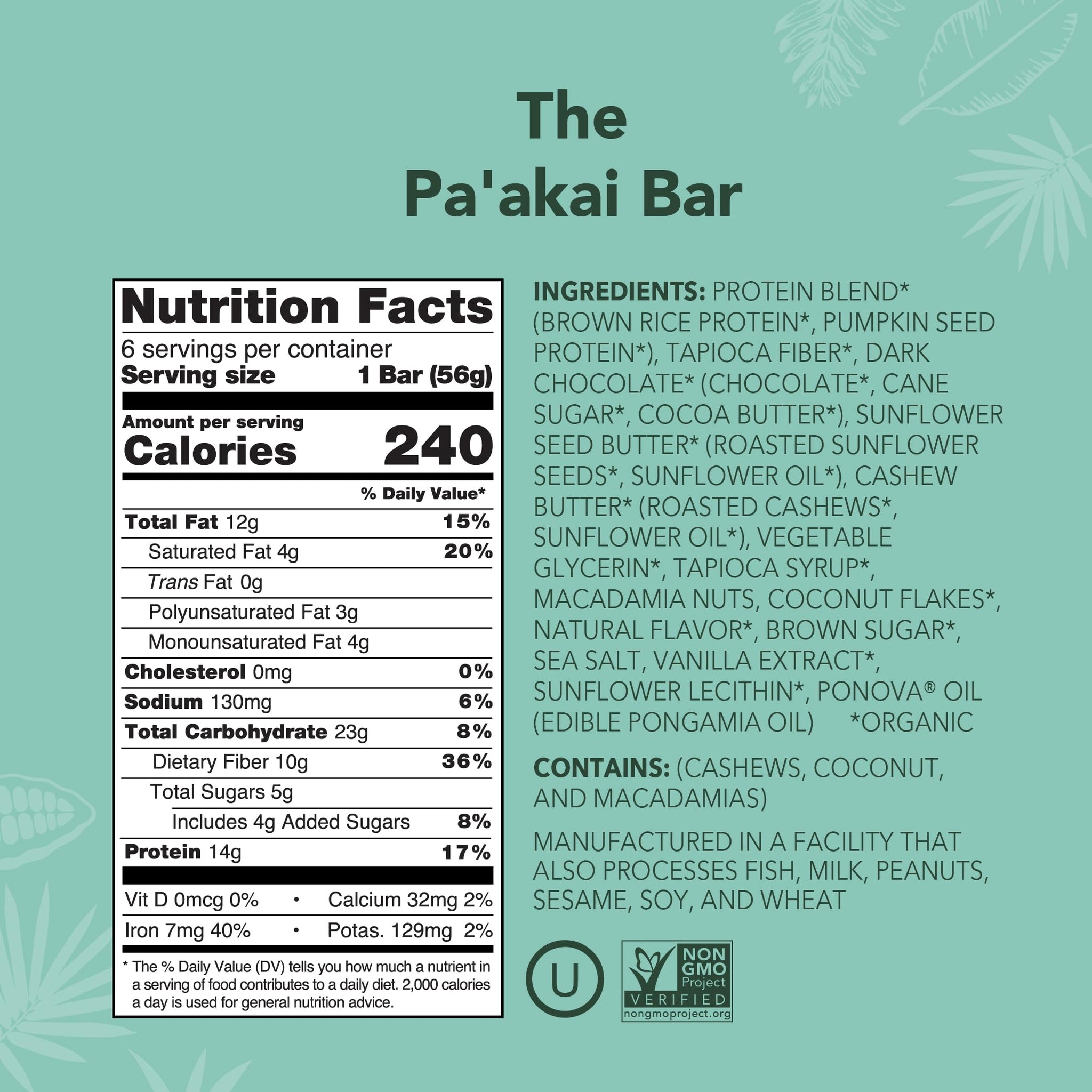 ALOHA Organic Plant Based Protein Bars | The Pa'akai Bar - Special Edition | 6 Count, 1.98oz Bars | Vegan, Low Sugar, Gluten Free, Paleo, Low Carb