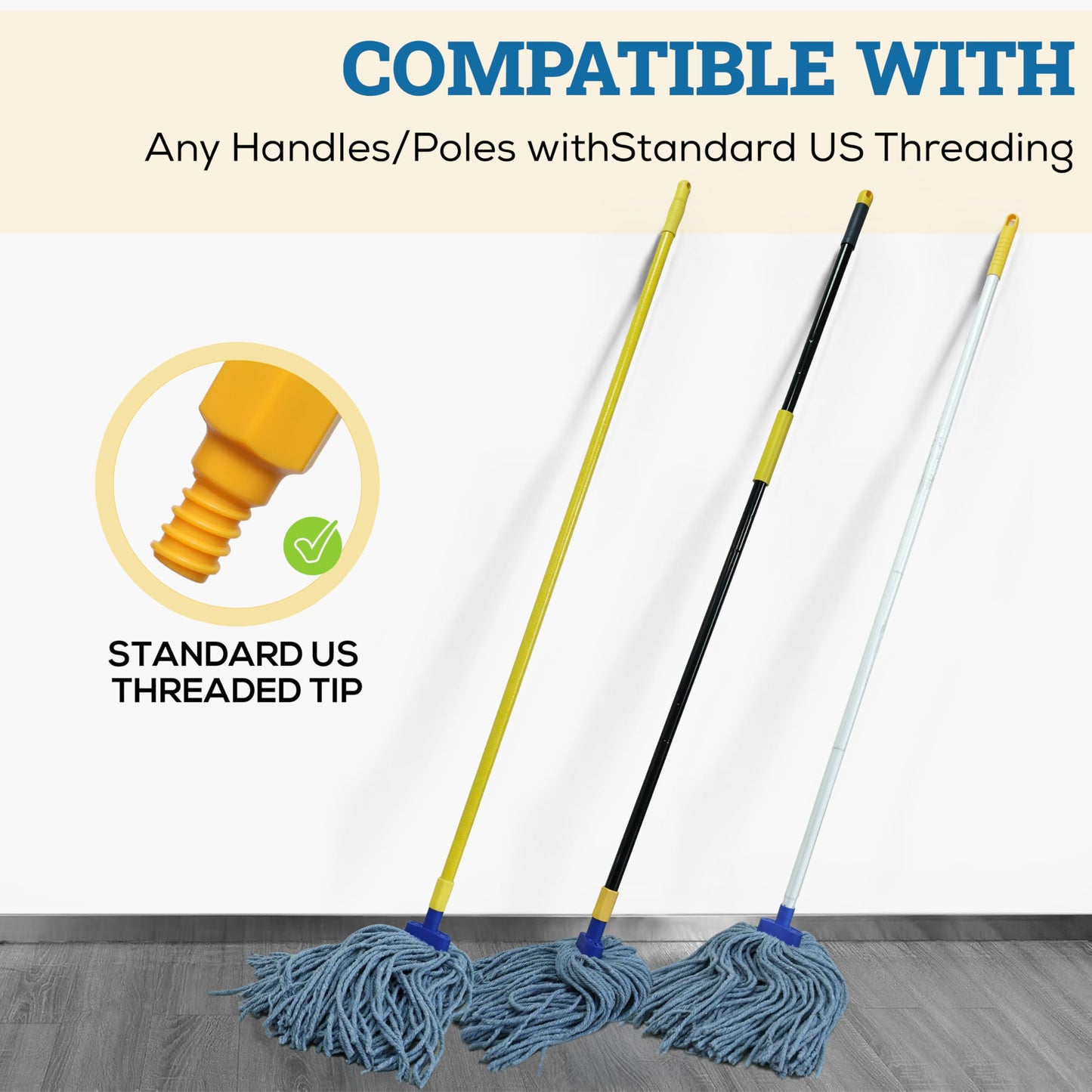 Kleen Handler Wet Mop Replacement Head - Heavy Duty Cotton Blend, Screw-On Mop Refills with Plastic Socket, Fits Standard Threaded Handles, Commercial