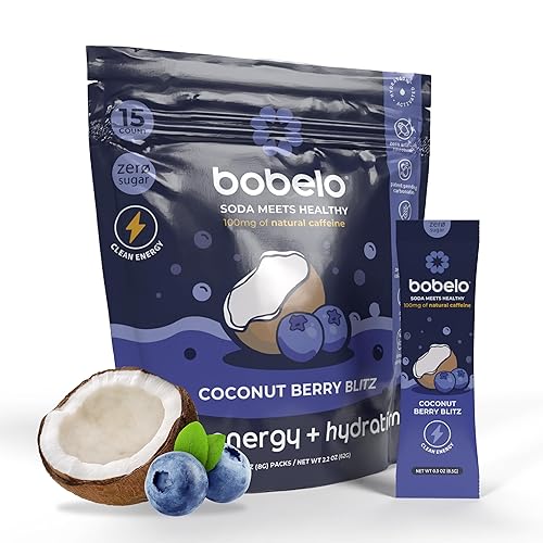 Bobelo Self Carbonating, Clean Energy + Hydration Electrolytes Powder Drink Mix, Coconut Berry Blitz, 100mg Guarana Caffeine, Sugar Free, 15 Pack