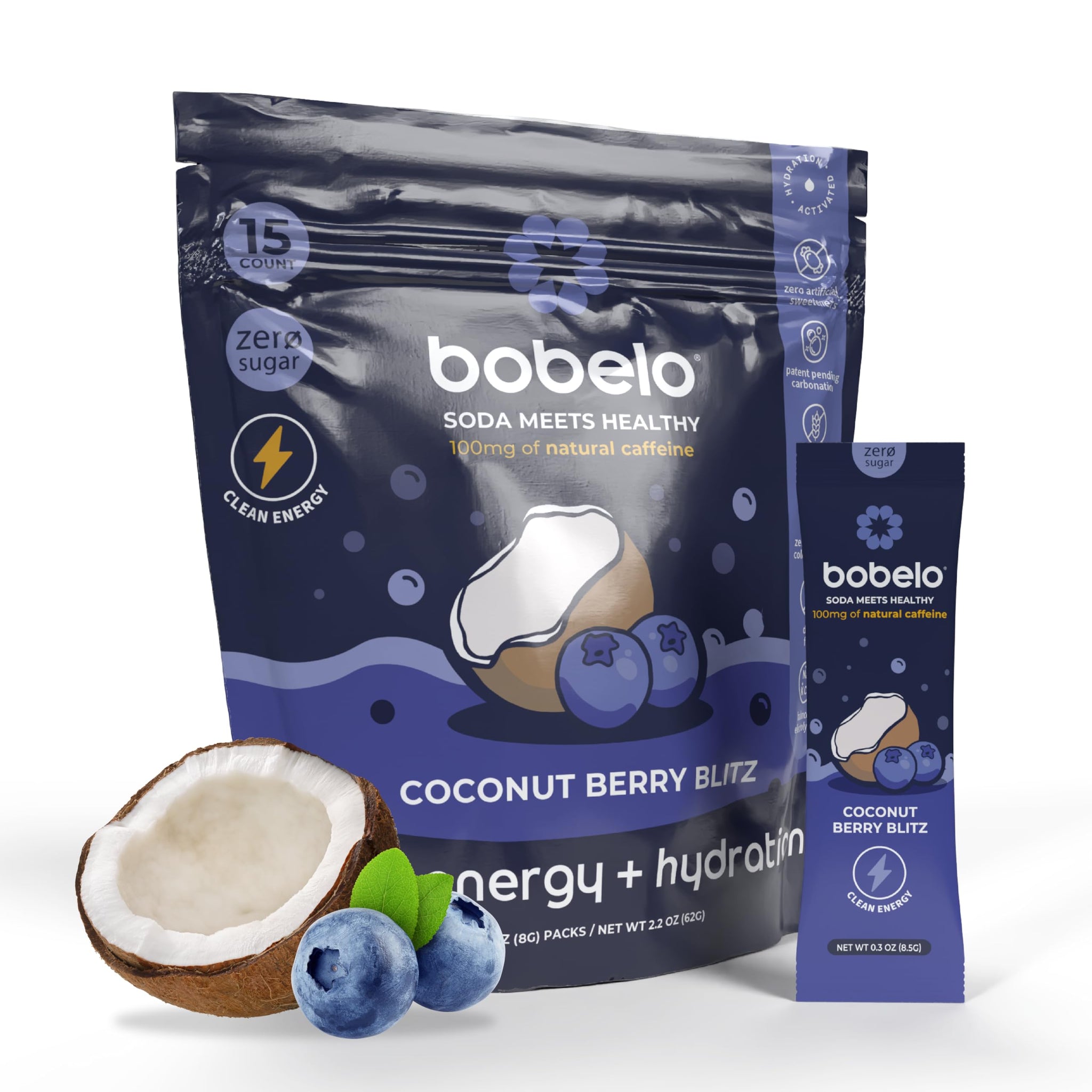 Bobelo Self Carbonating, Clean Energy + Hydration Electrolytes Powder Drink Mix, Coconut Berry Blitz, 100mg Guarana Caffeine, Sugar Free, 15 Pack