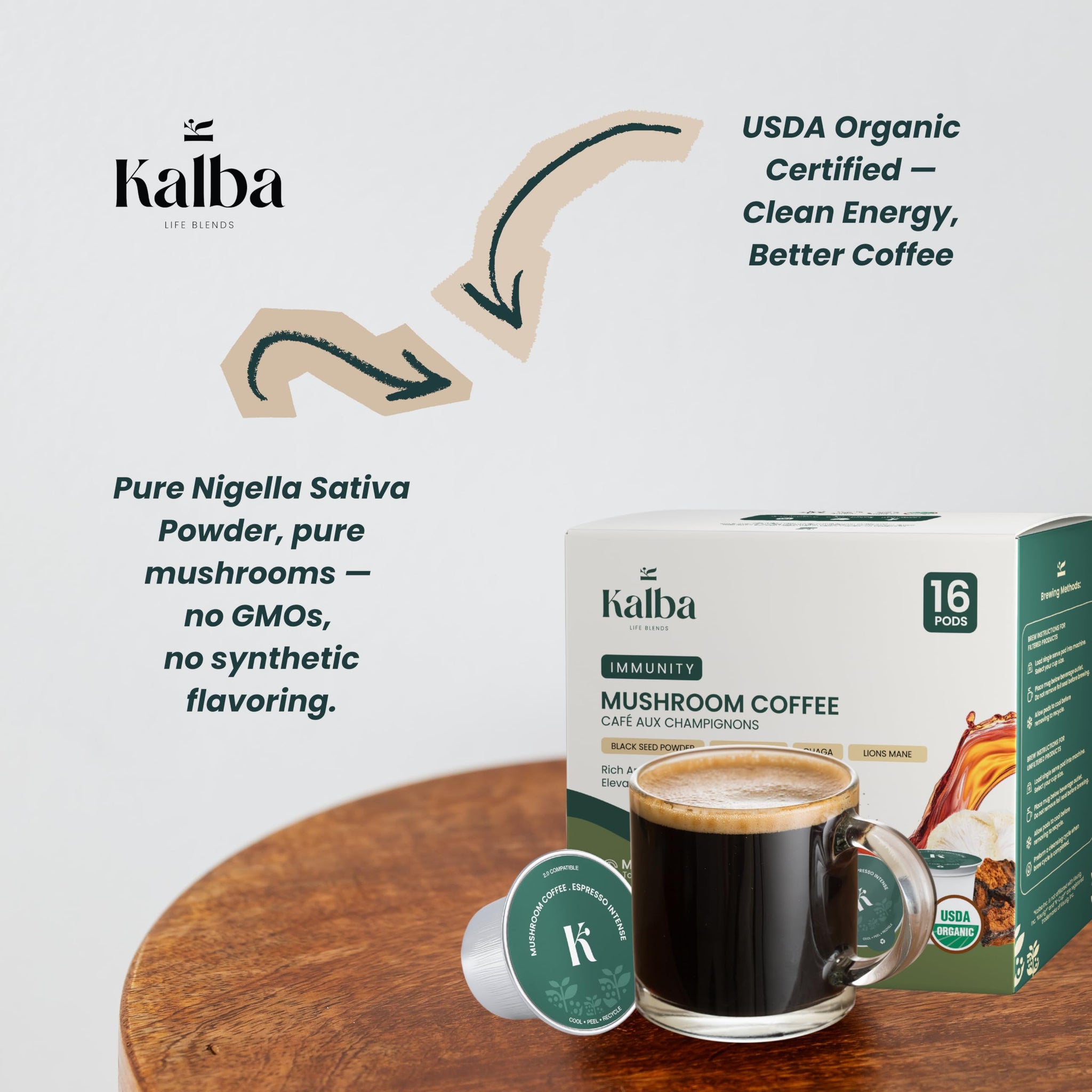 Organic Mushroom Coffee Pods with Lion’s Mane, Chaga, Turkey Tail & Nigella Seed - Medium Roast Functional Wellness Coffee Pods for Focus, Calm Energy