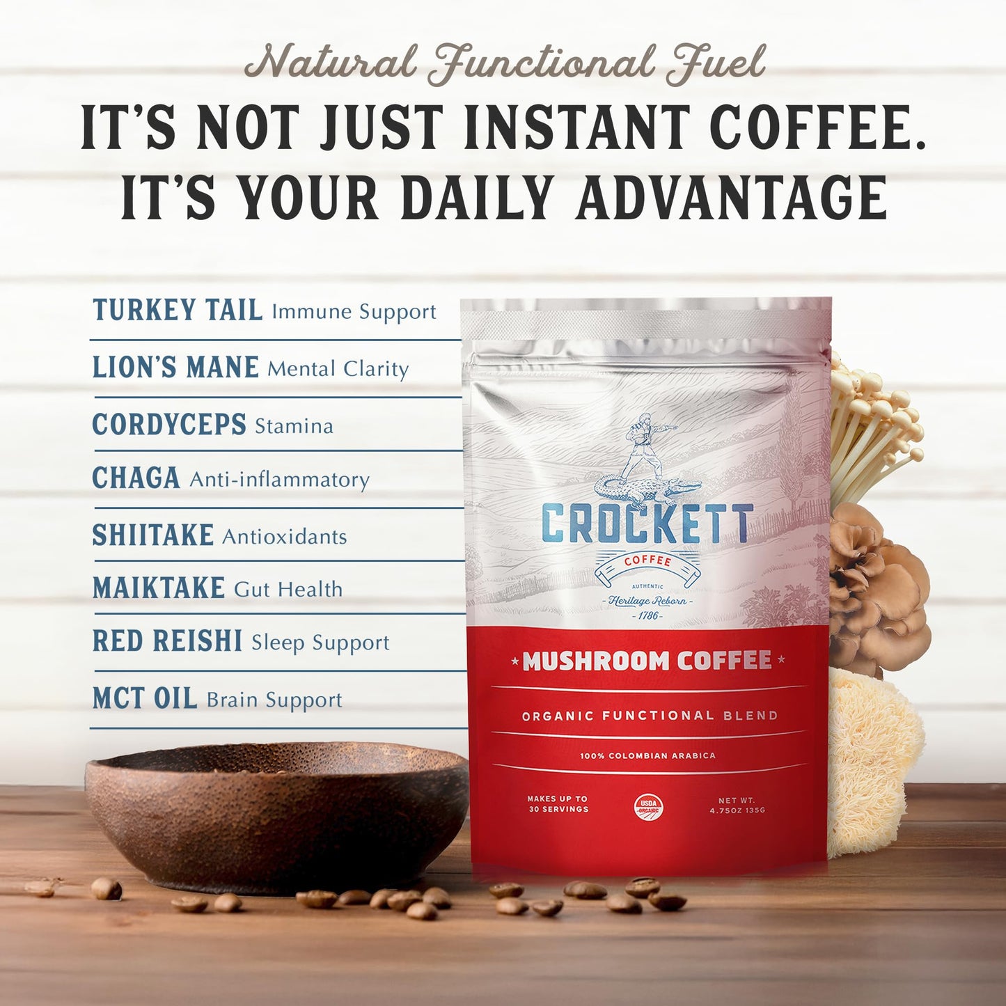 Crockett Coffee Organic Mushroom Coffee with MCT Oil | Antioxidant Rich Functional Blend of 7 Organic Mushrooms for Clear Focus, Gut Health & Clean