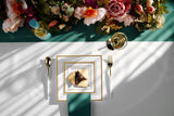 BloominGoods Plastic Disposable Square Dessert Plates | 50-Pack 6.5 inches White with Gold Rim Square Plates | Ideal for Weddings, Parties, Catering |